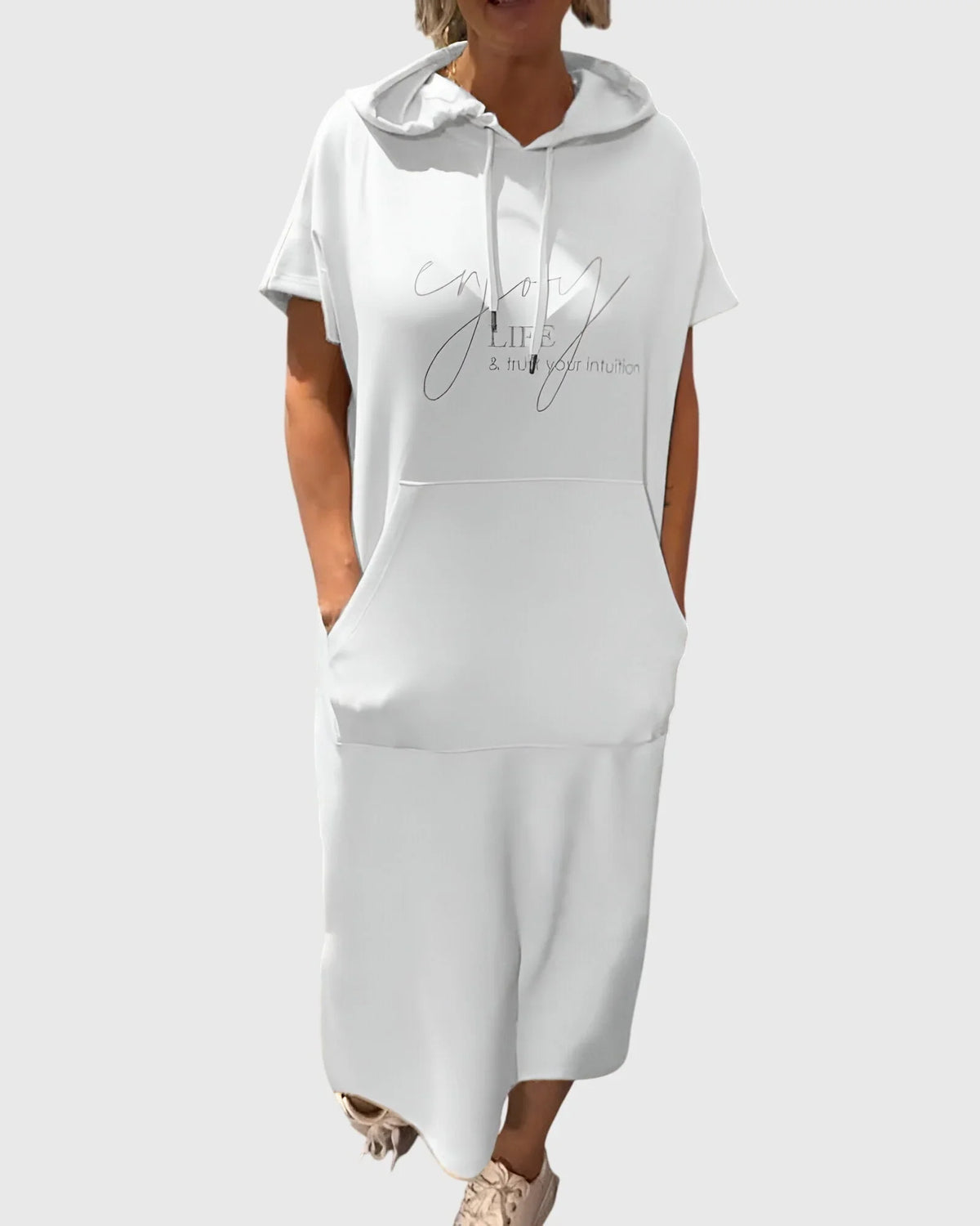 Women's cotton hooded midi dress with kangaroo pocket