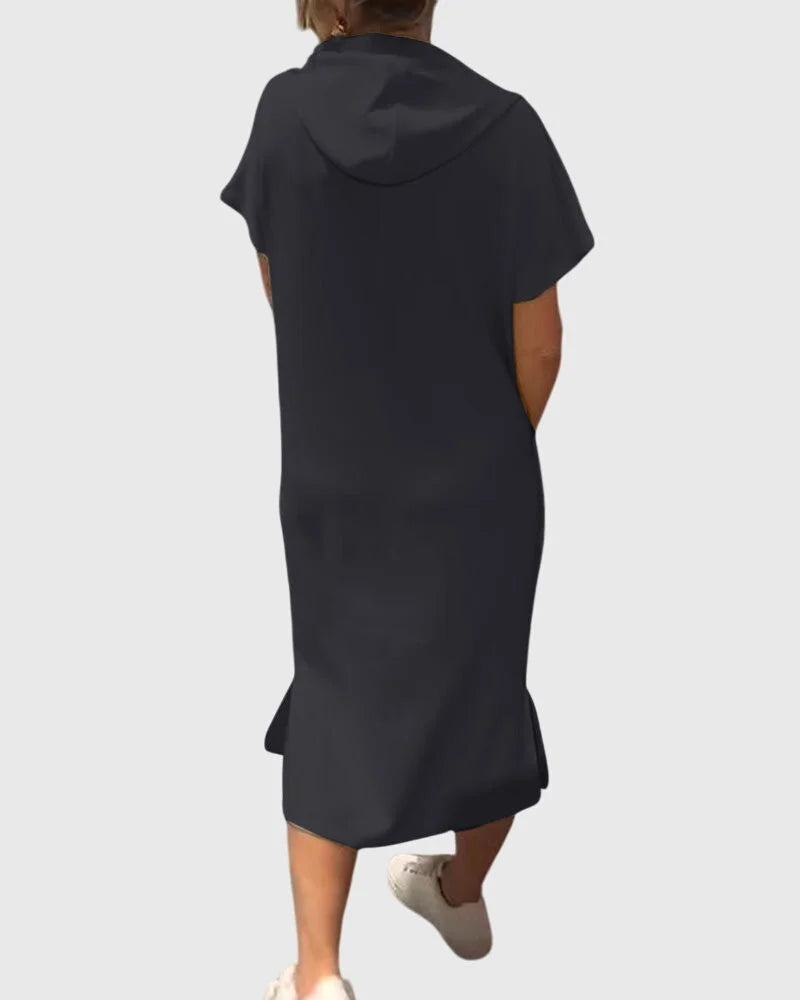 Women's cotton hooded midi dress with kangaroo pocket