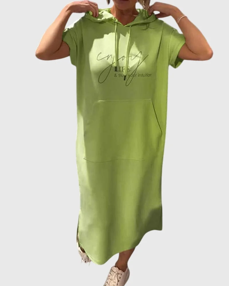 Women's cotton hooded midi dress with kangaroo pocket