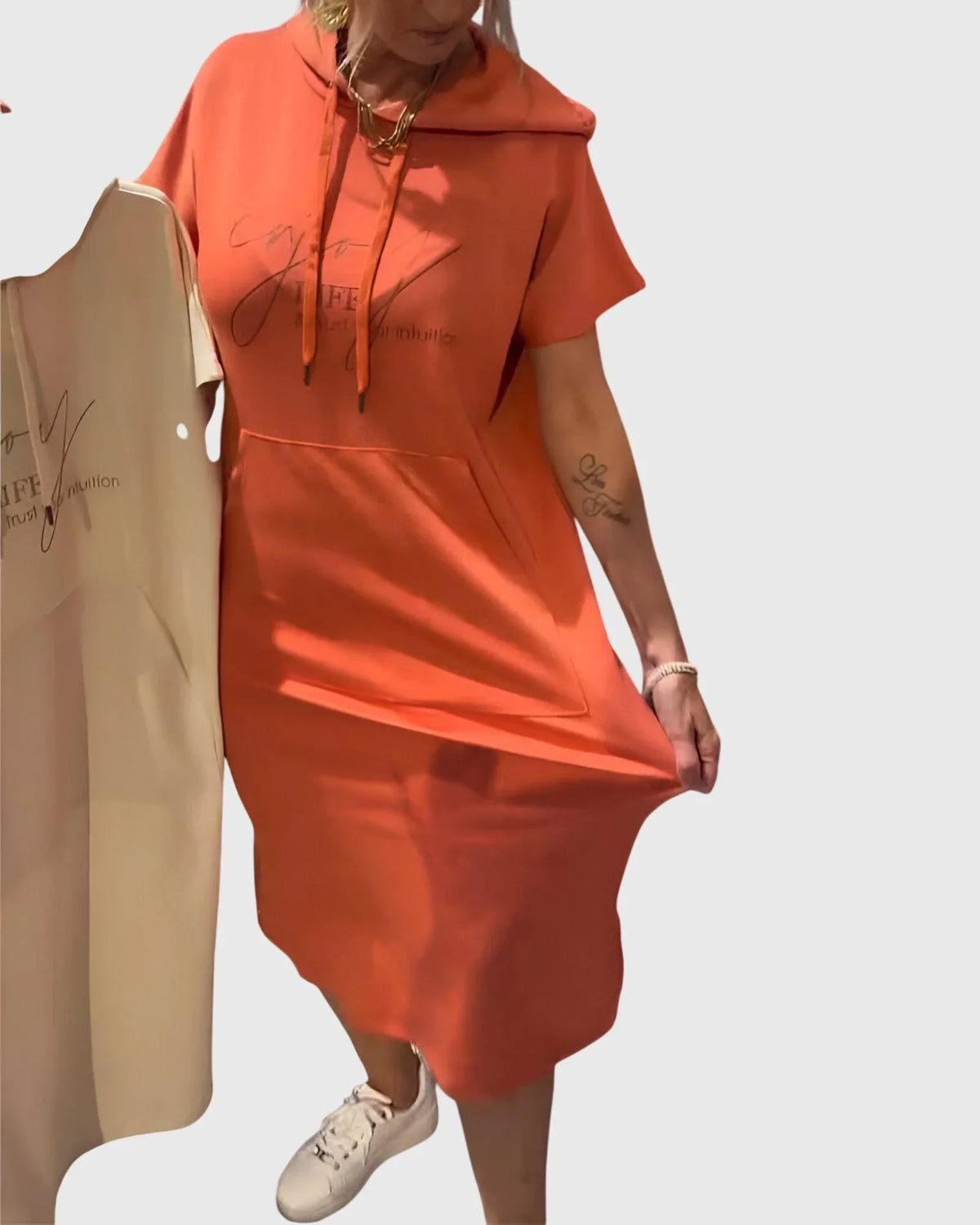 Women's cotton hooded midi dress with kangaroo pocket