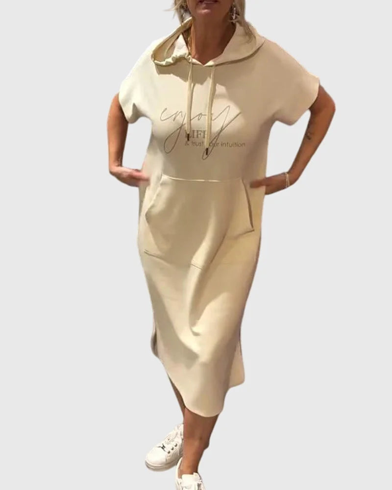 Women's cotton hooded midi dress with kangaroo pocket