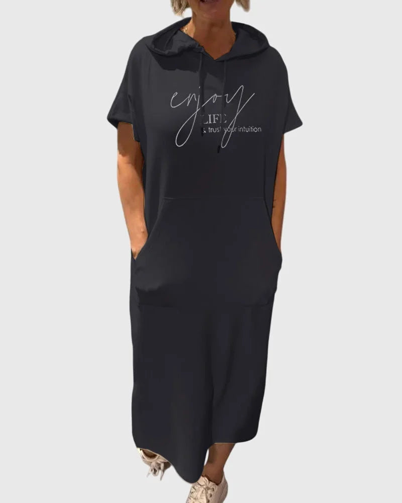 Women's cotton hooded midi dress with kangaroo pocket