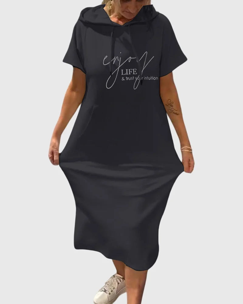 Women's cotton hooded midi dress with kangaroo pocket