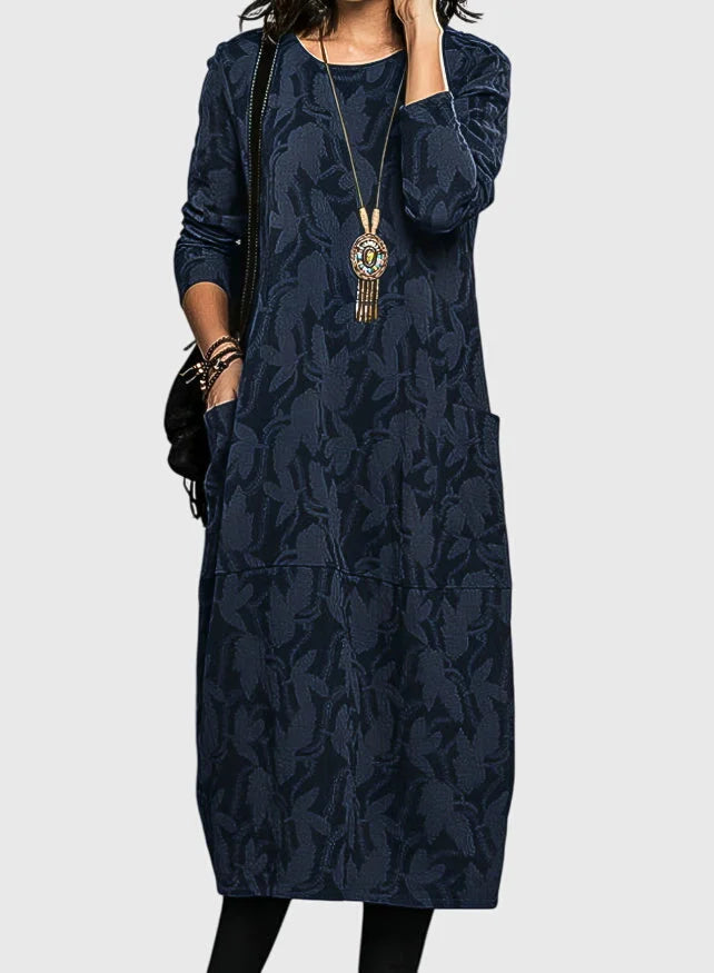 Women's floral crew neck midi dress with patch pockets