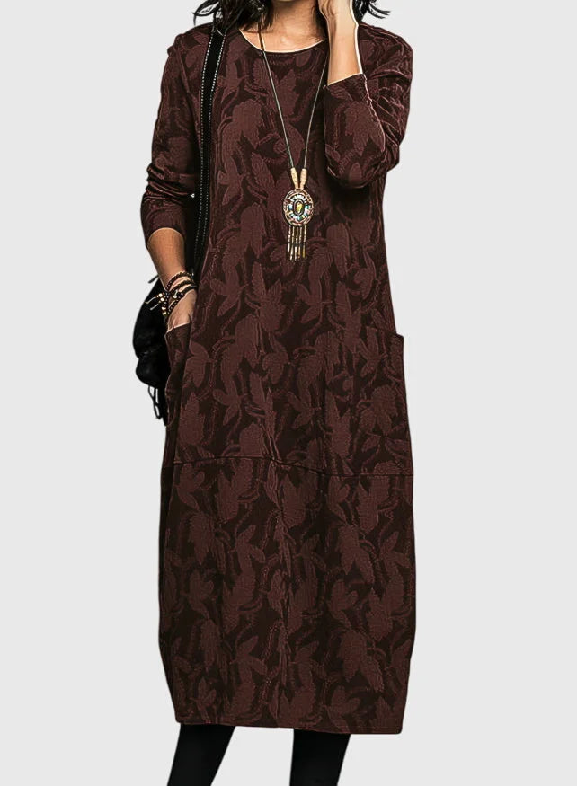 Women's floral crew neck midi dress with patch pockets