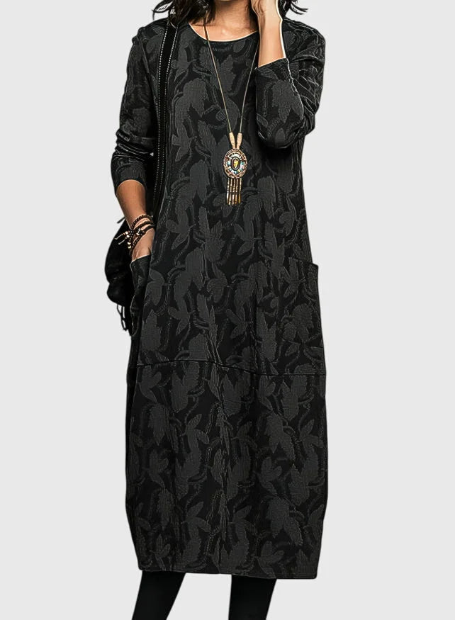 Women's floral crew neck midi dress with patch pockets