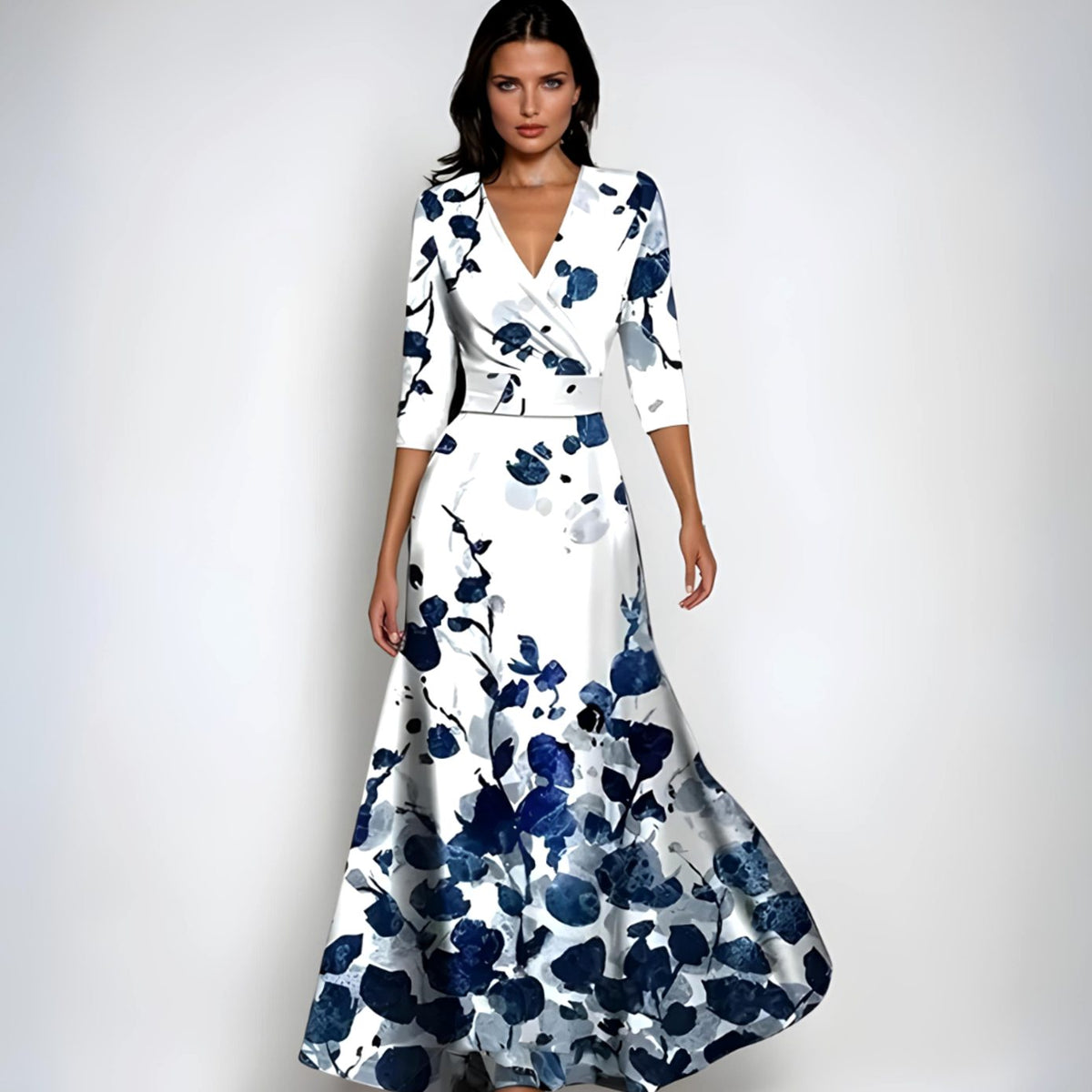 Catherine | Women's Elegant V-Neck Wrap Floral Dress Maxi Length