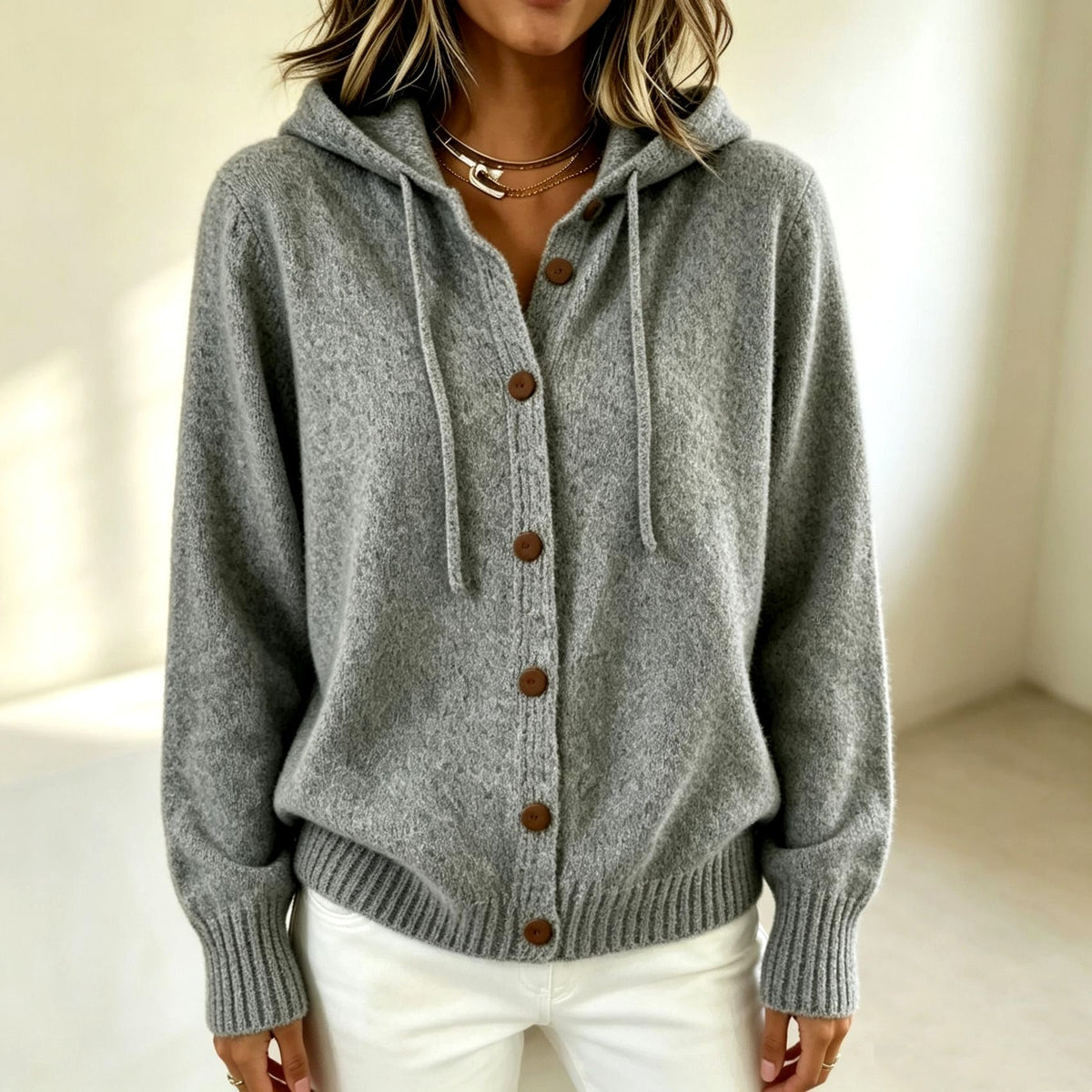 Catherine - Women's Drawstring Hooded Button Cardigan