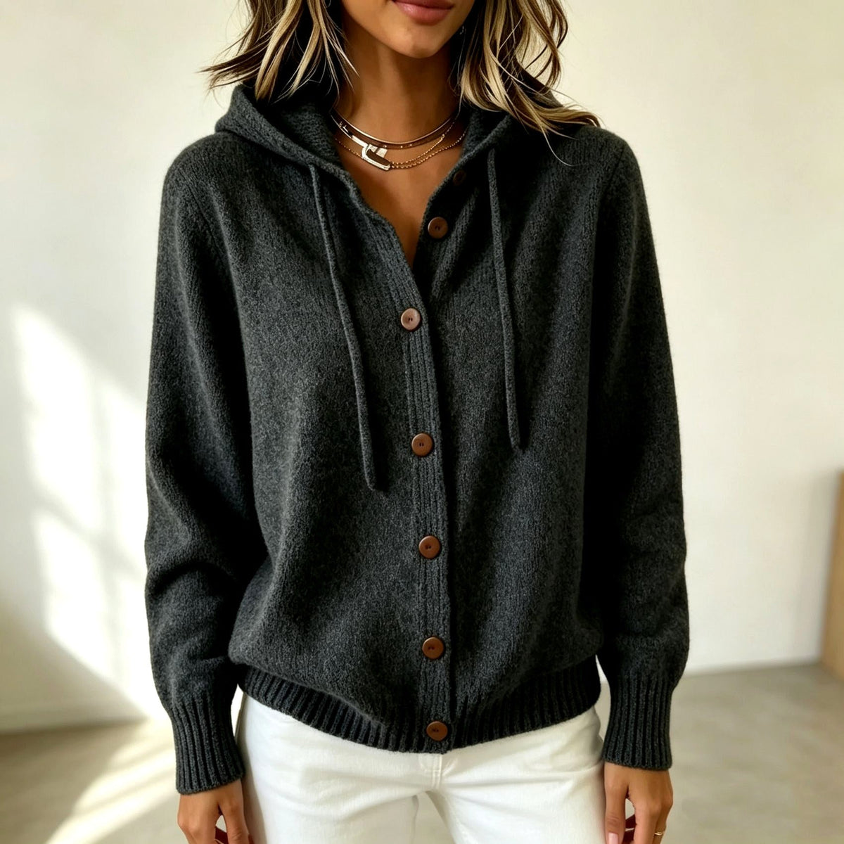 Catherine - Women's Drawstring Hooded Button Cardigan