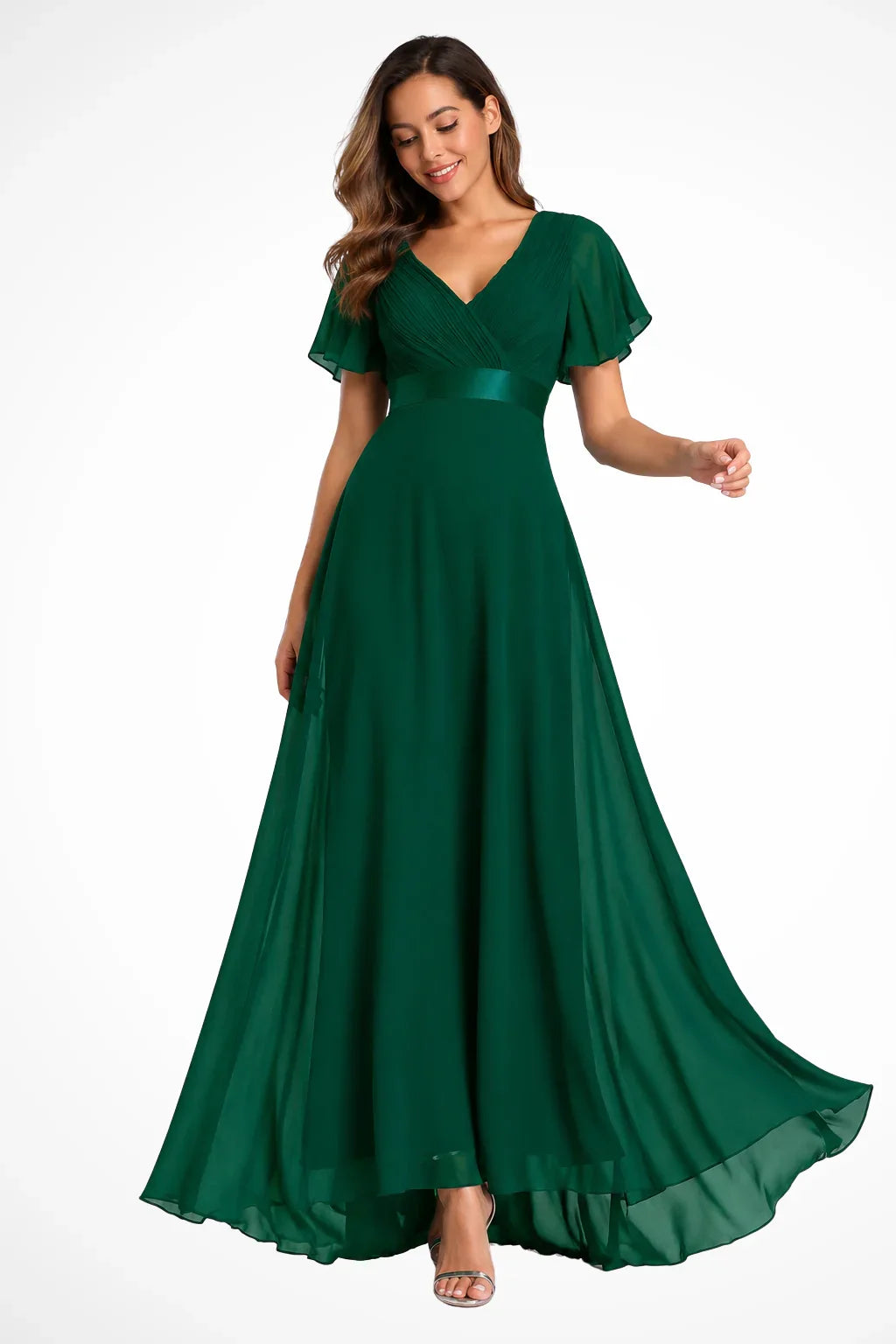 Catriona | V-Neck Chiffon Flutter Sleeve Wedding Guest Maxi Dress