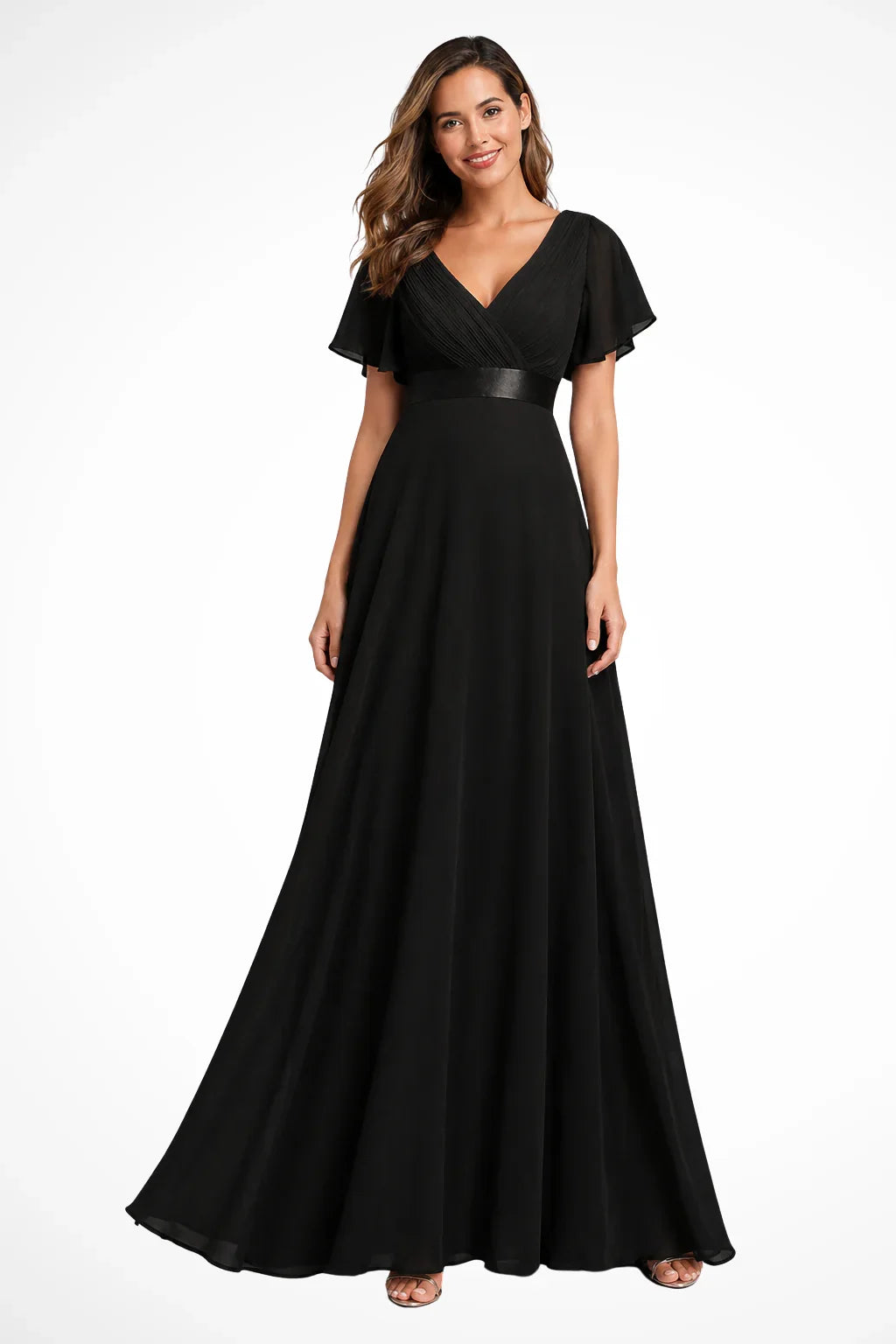 Catriona | V-Neck Chiffon Flutter Sleeve Wedding Guest Maxi Dress