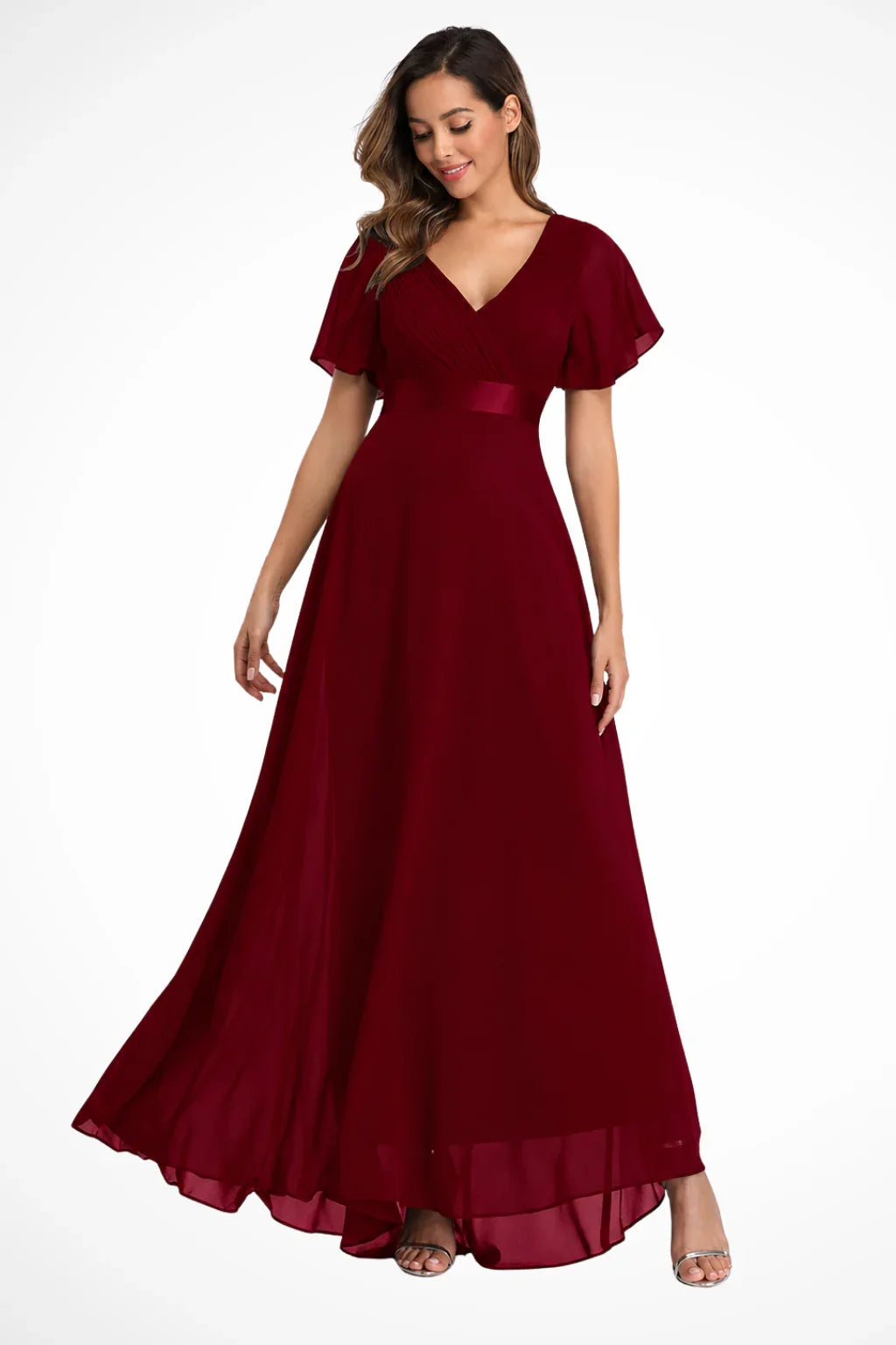 Catriona | V-Neck Chiffon Flutter Sleeve Wedding Guest Maxi Dress
