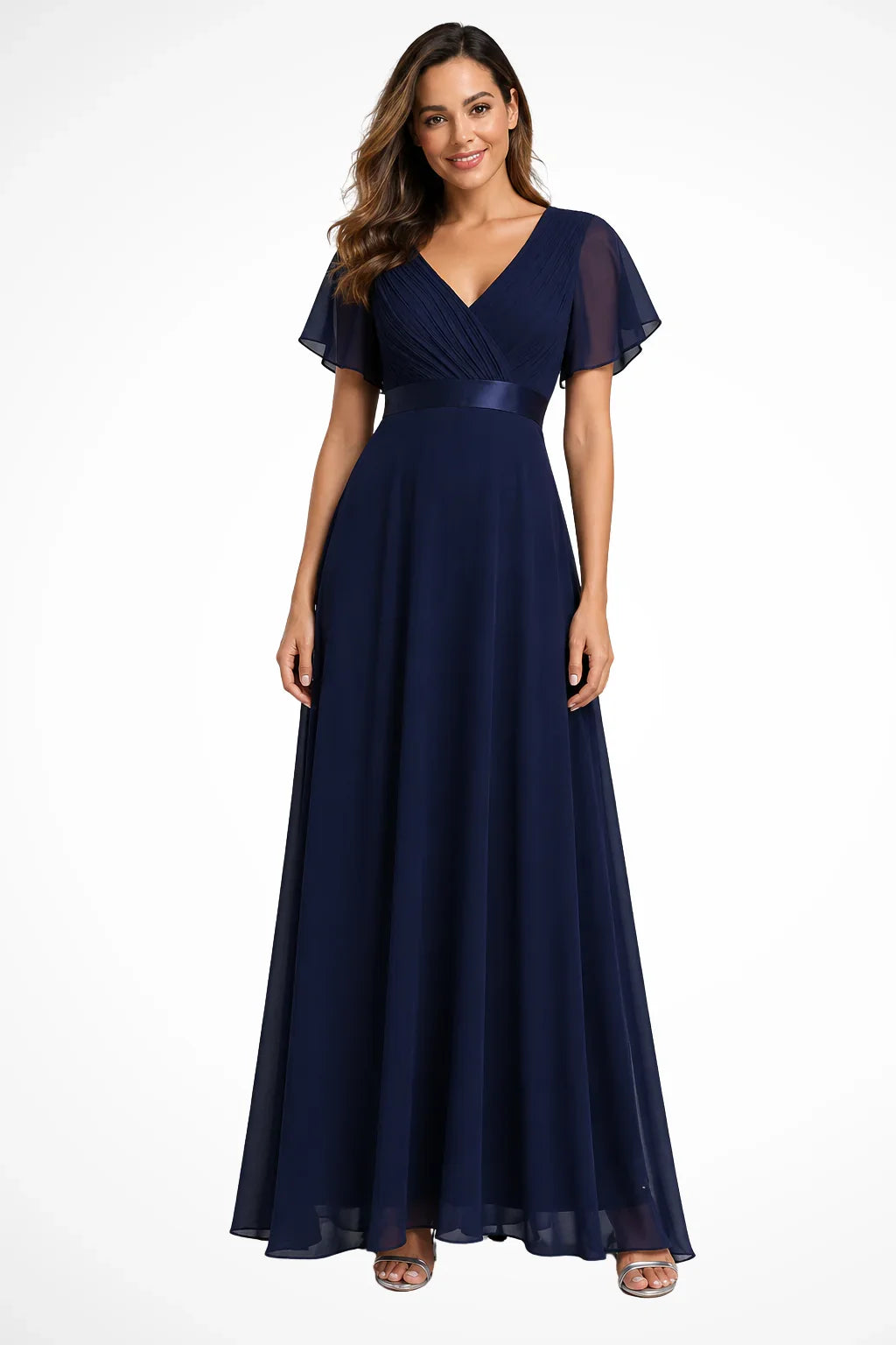 Catriona | V-Neck Chiffon Flutter Sleeve Wedding Guest Maxi Dress