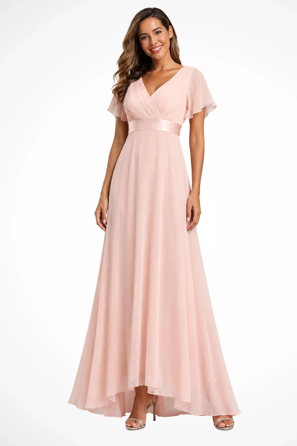 Catriona | V-Neck Chiffon Flutter Sleeve Wedding Guest Maxi Dress