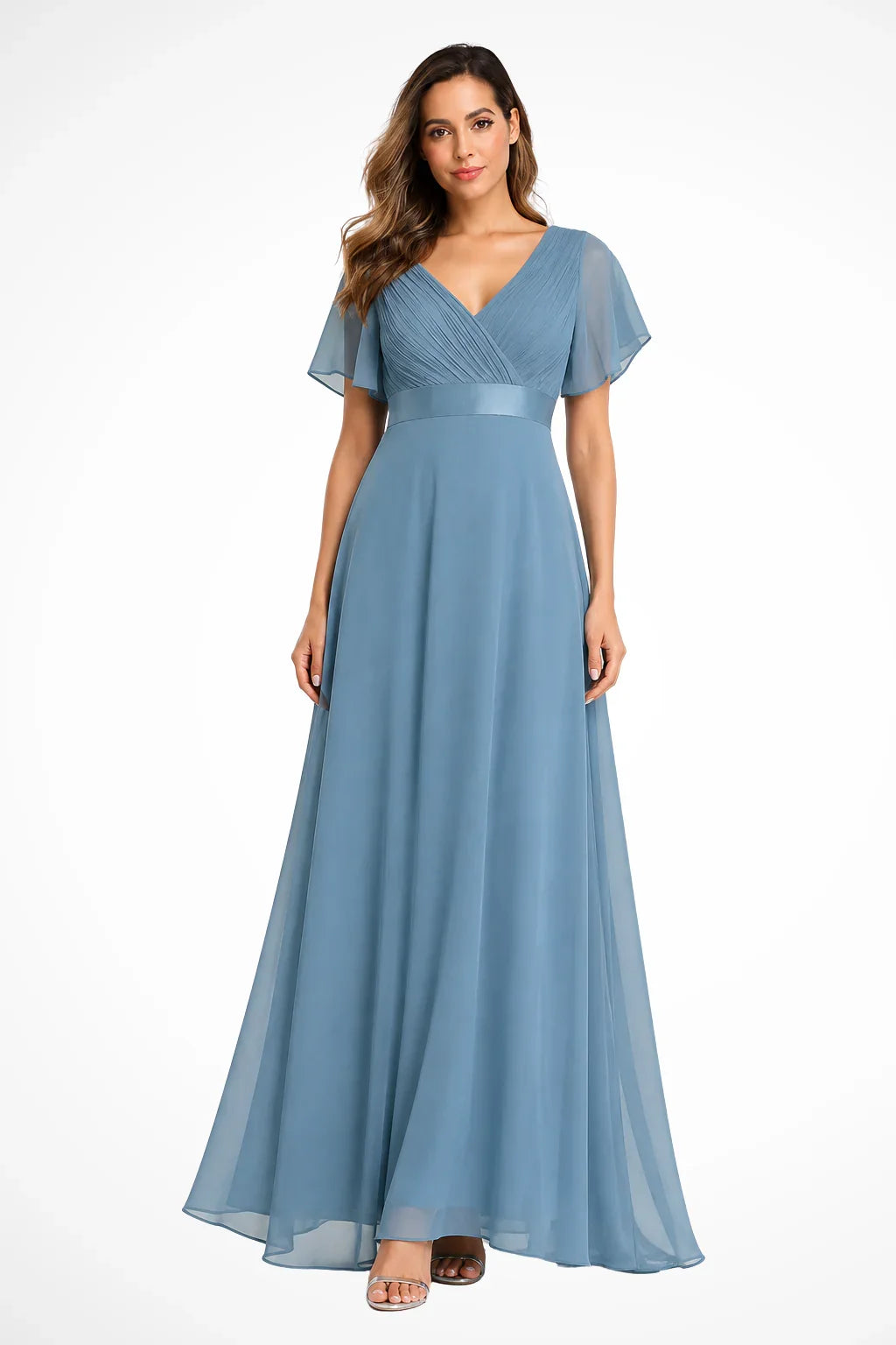 Catriona | V-Neck Chiffon Flutter Sleeve Wedding Guest Maxi Dress