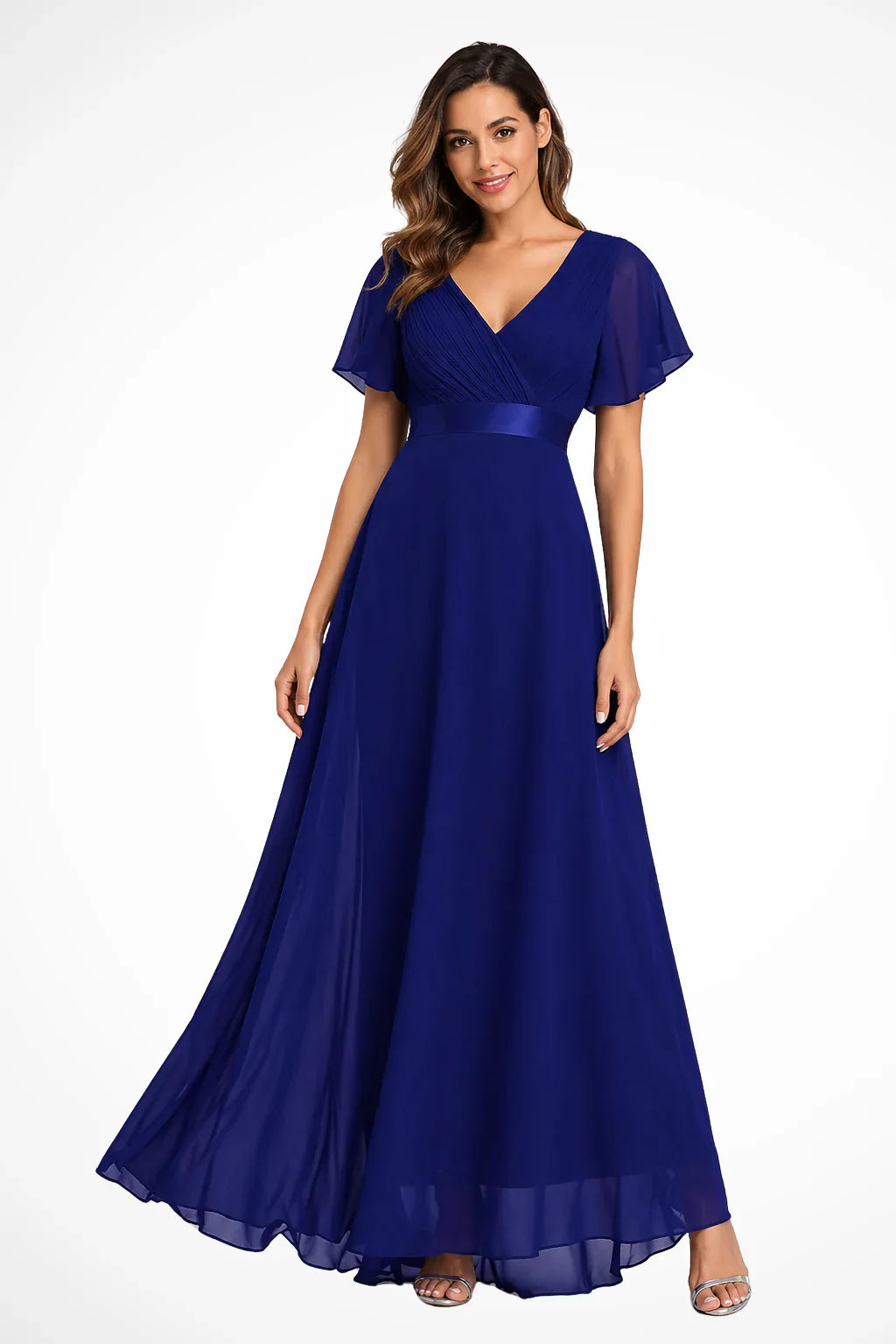 Catriona | V-Neck Chiffon Flutter Sleeve Wedding Guest Maxi Dress