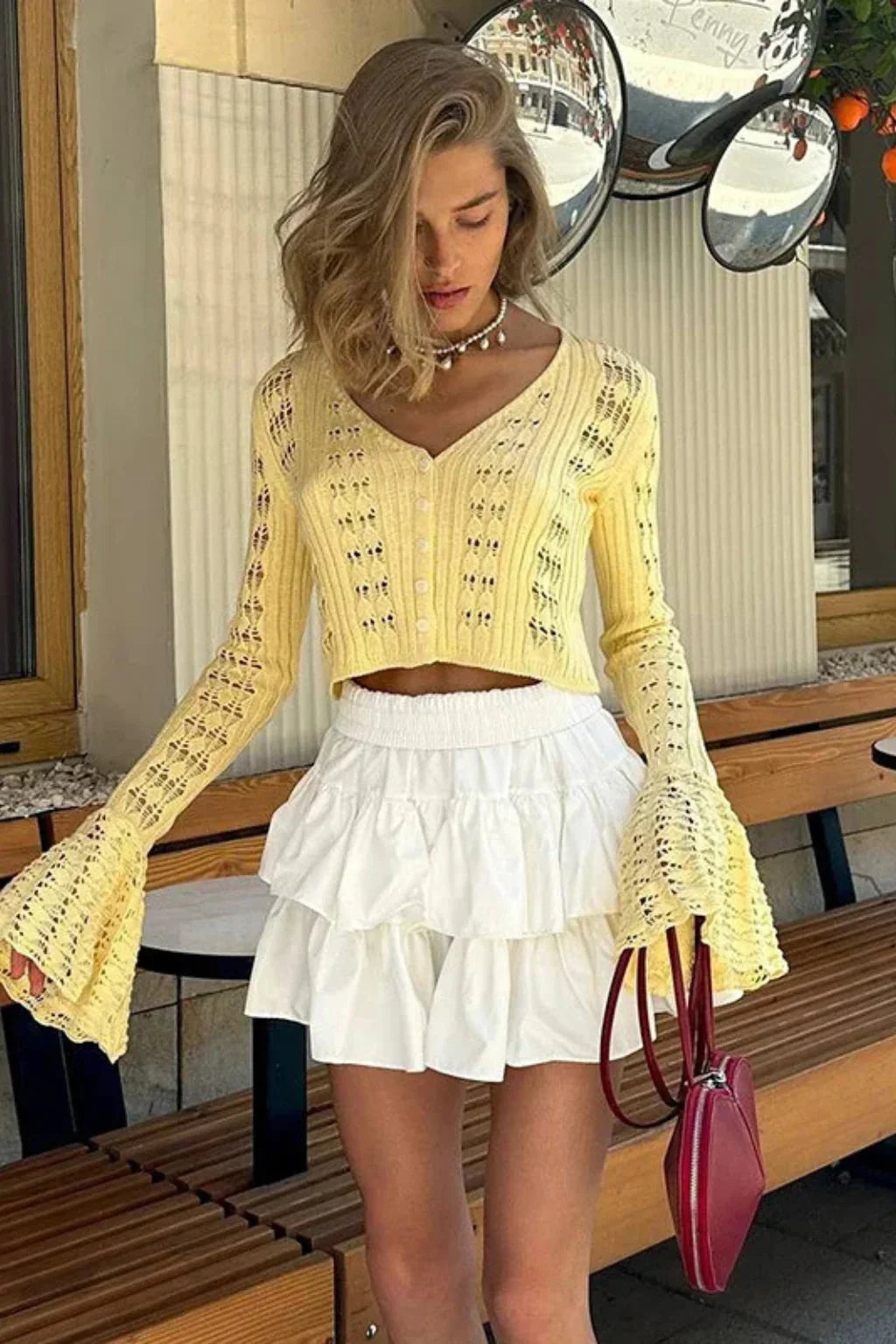 Catriona | Women's Cropped Knit Cardigan Sweater with Bell Sleeves