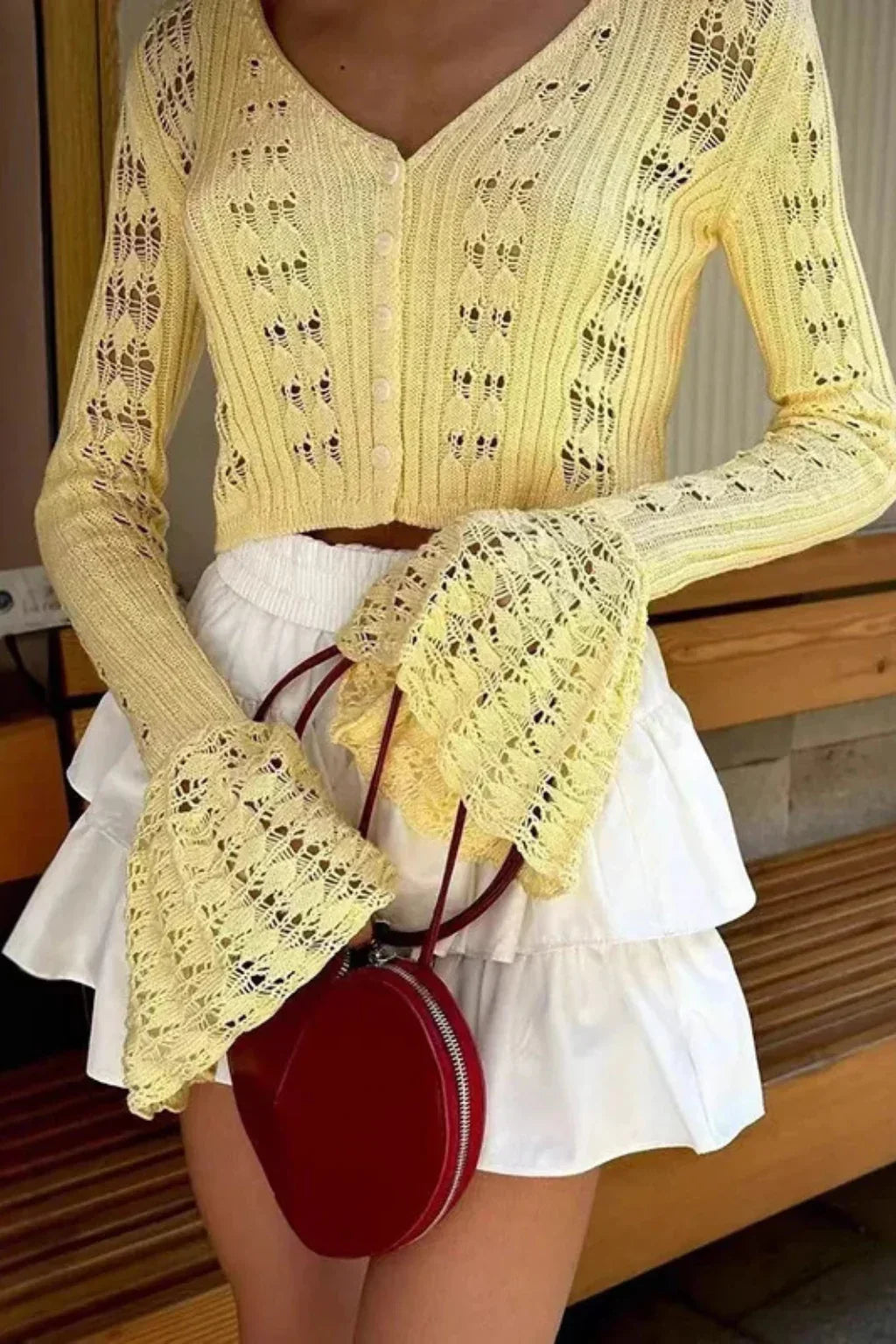 Catriona | Women's Cropped Knit Cardigan Sweater with Bell Sleeves