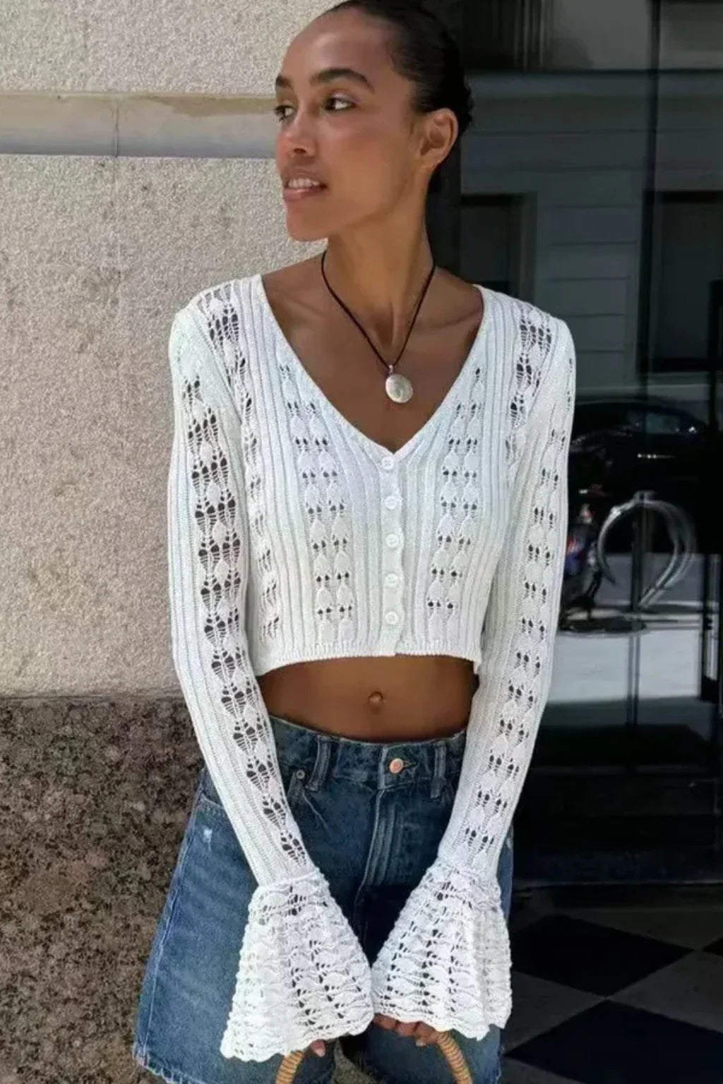 Catriona | Women's Cropped Knit Cardigan Sweater with Bell Sleeves