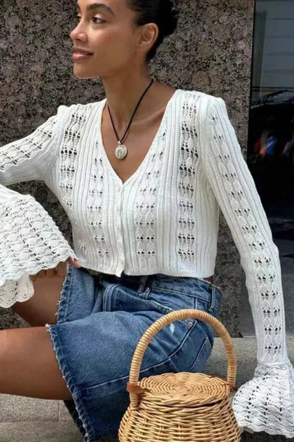 Catriona | Women's Cropped Knit Cardigan Sweater with Bell Sleeves