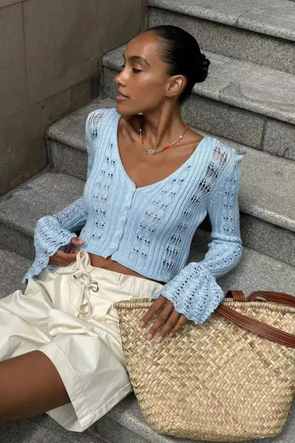 Catriona | Women's Cropped Knit Cardigan Sweater with Bell Sleeves