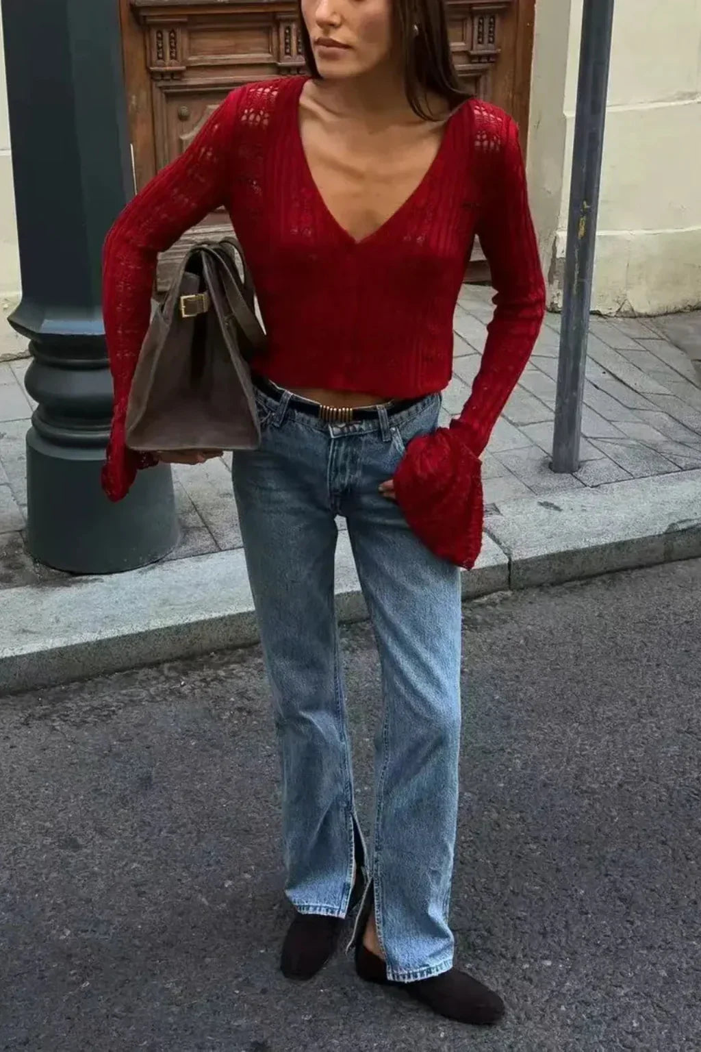 Catriona | Women's Cropped Knit Cardigan Sweater with Bell Sleeves