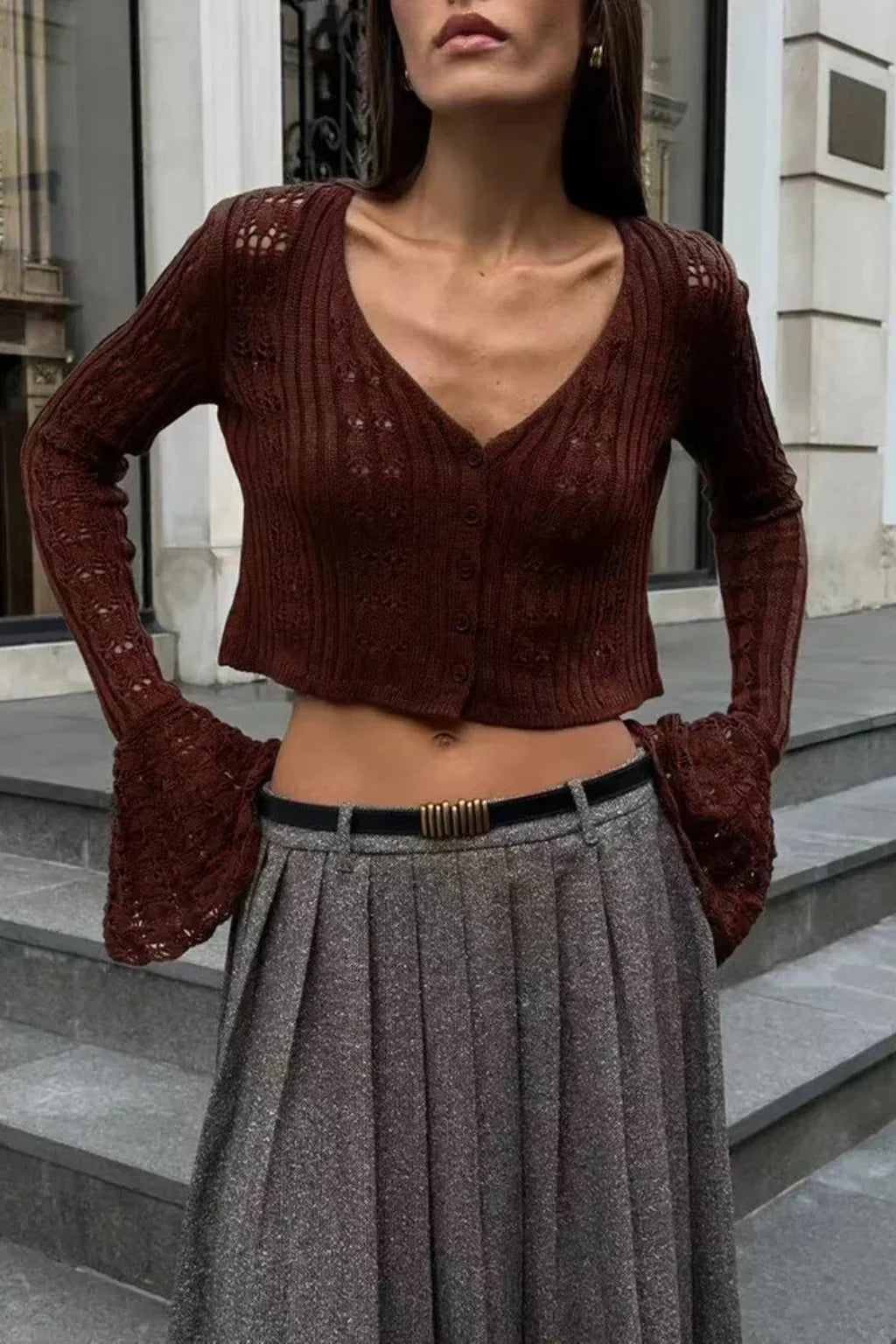Catriona | Women's Cropped Knit Cardigan Sweater with Bell Sleeves