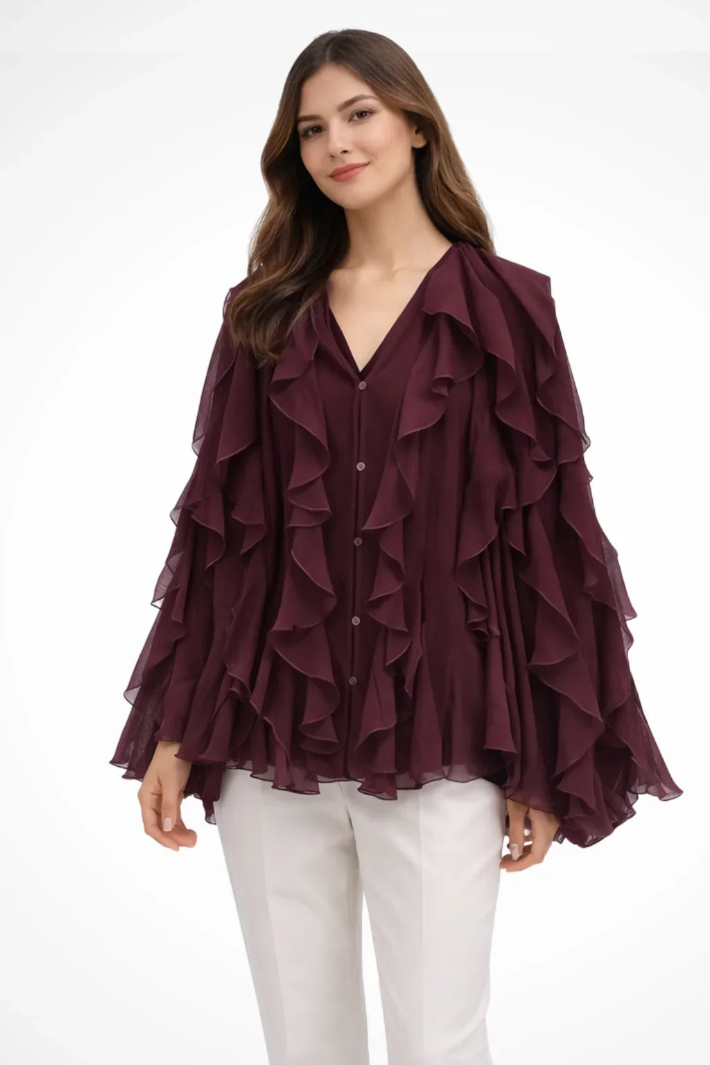 Catriona | Women's V-Neck Ruffle Button Up Long Sleeve Blouse