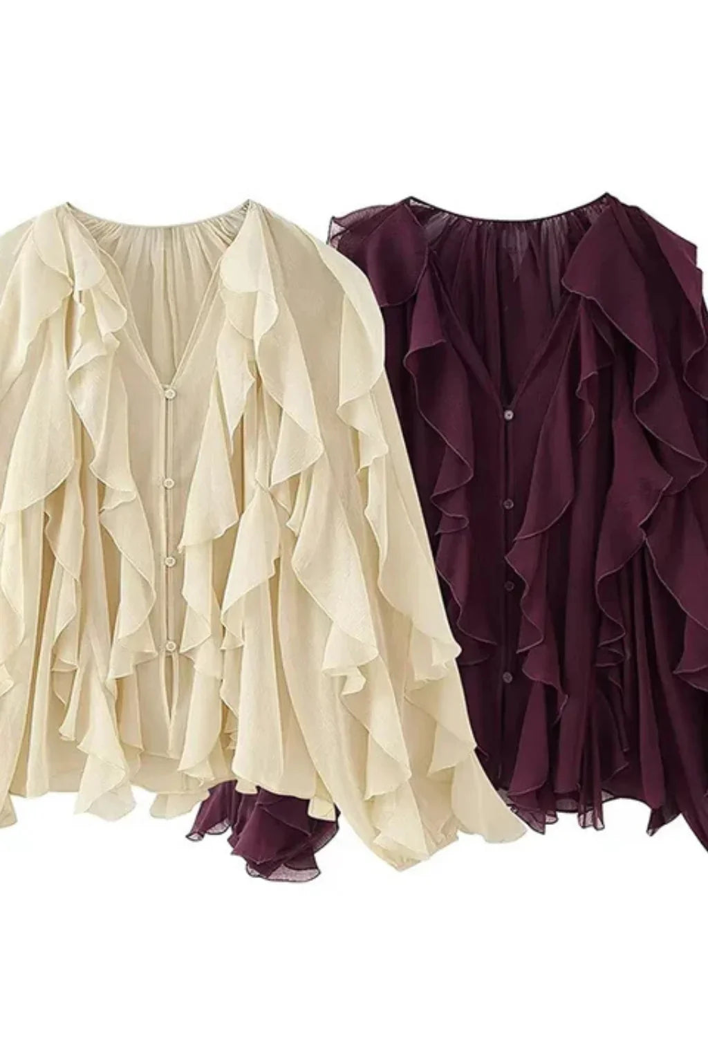 Catriona | Women's V-Neck Ruffle Button Up Long Sleeve Blouse