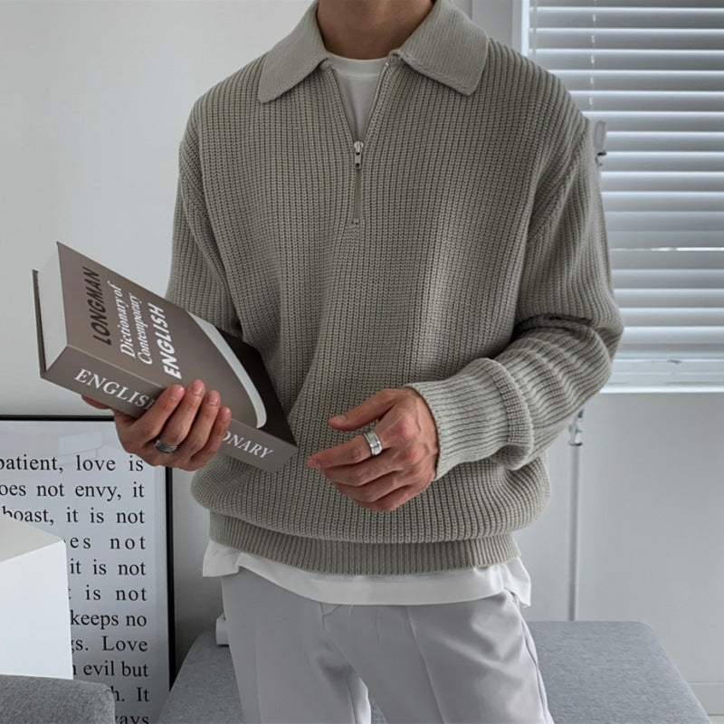 Jose | Mens Knit Zip Sweater with Collar | Loose Relaxed Fit, Classic Zipper Closure | Black, Gray, Khaki M-3XL