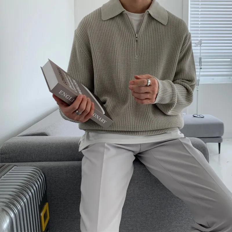 Jose | Mens Knit Zip Sweater with Collar | Loose Relaxed Fit, Classic Zipper Closure | Black, Gray, Khaki M-3XL