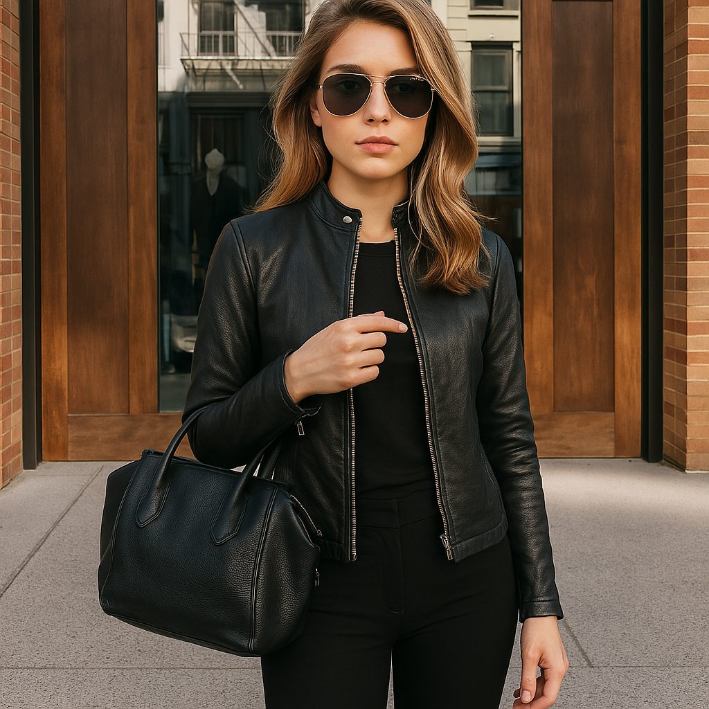 Cecelia | Leather Slim Fit Jacket with Mandarin Collar and Long Sleeves for Women