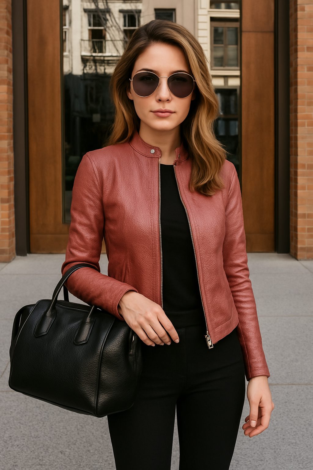 Cecelia | Leather Slim Fit Jacket with Mandarin Collar and Long Sleeves for Women