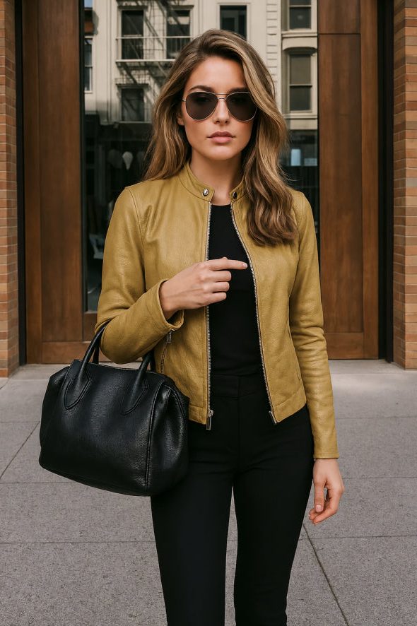 Cecelia | Leather Slim Fit Jacket with Mandarin Collar and Long Sleeves for Women