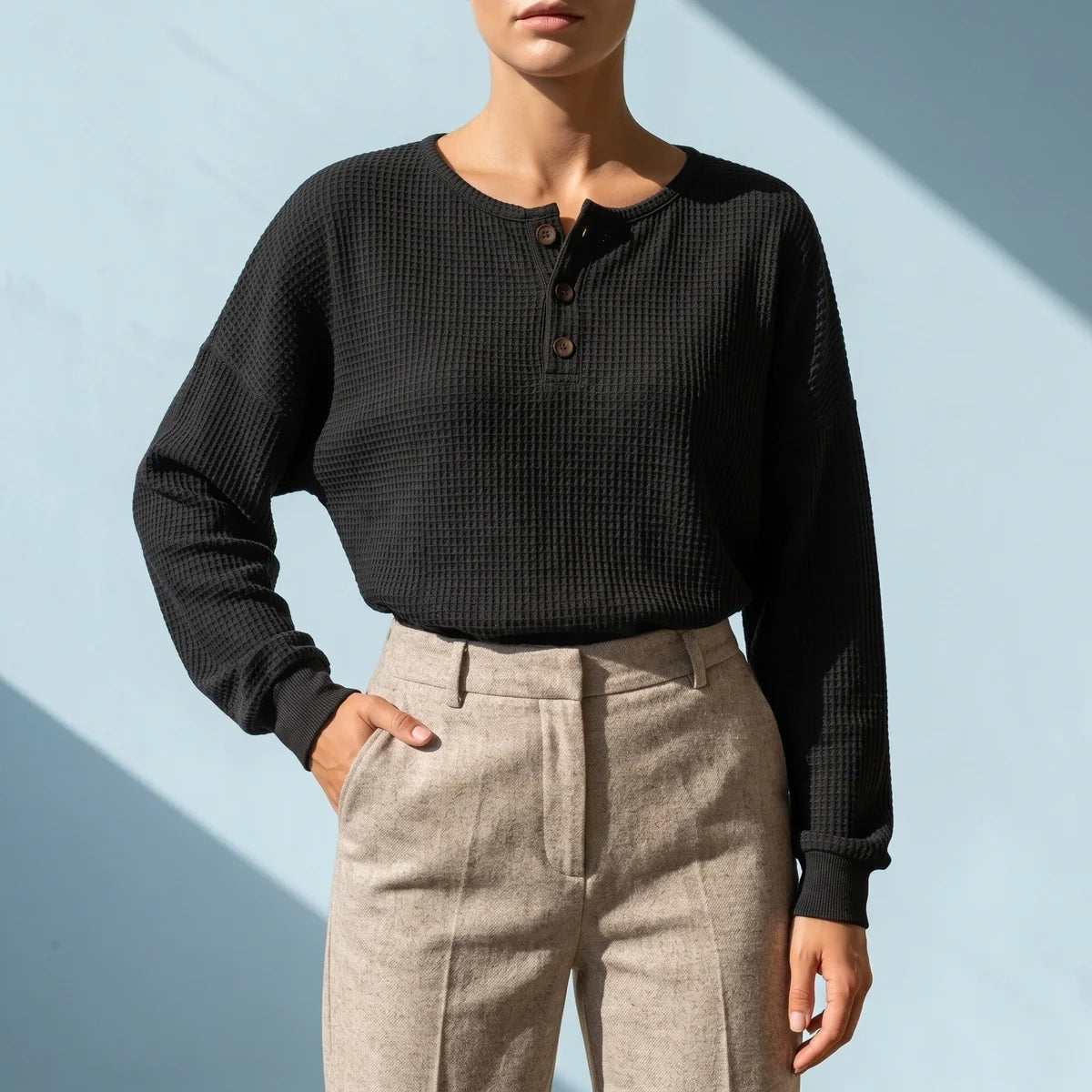 Cecily Oversized Waffle Knit Henley Top