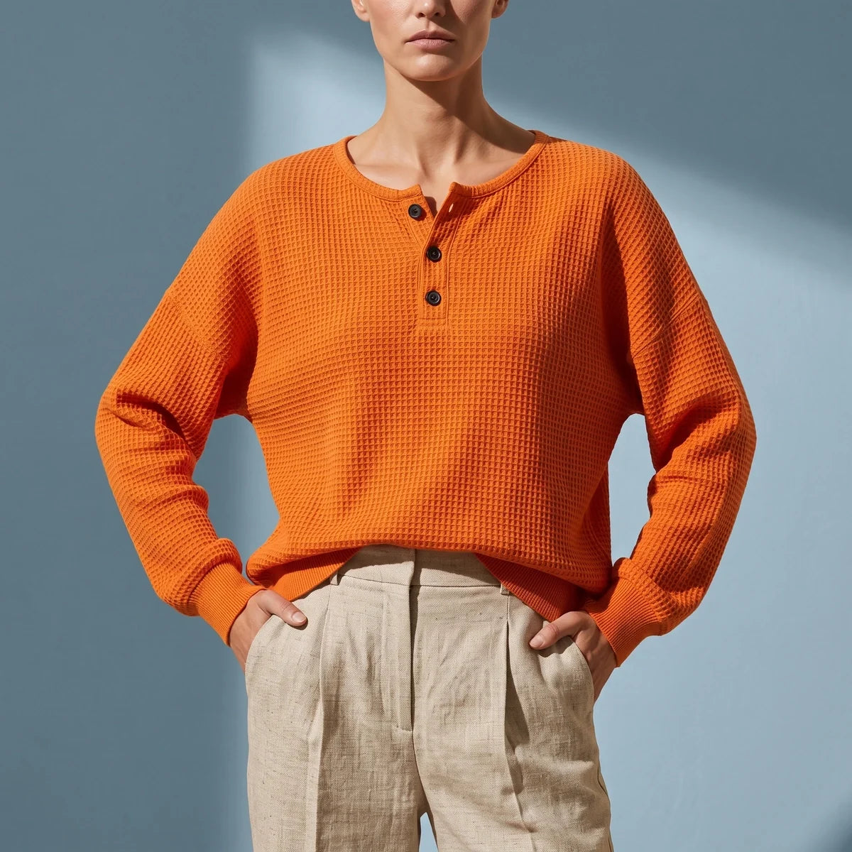 Cecily Oversized Waffle Knit Henley Top