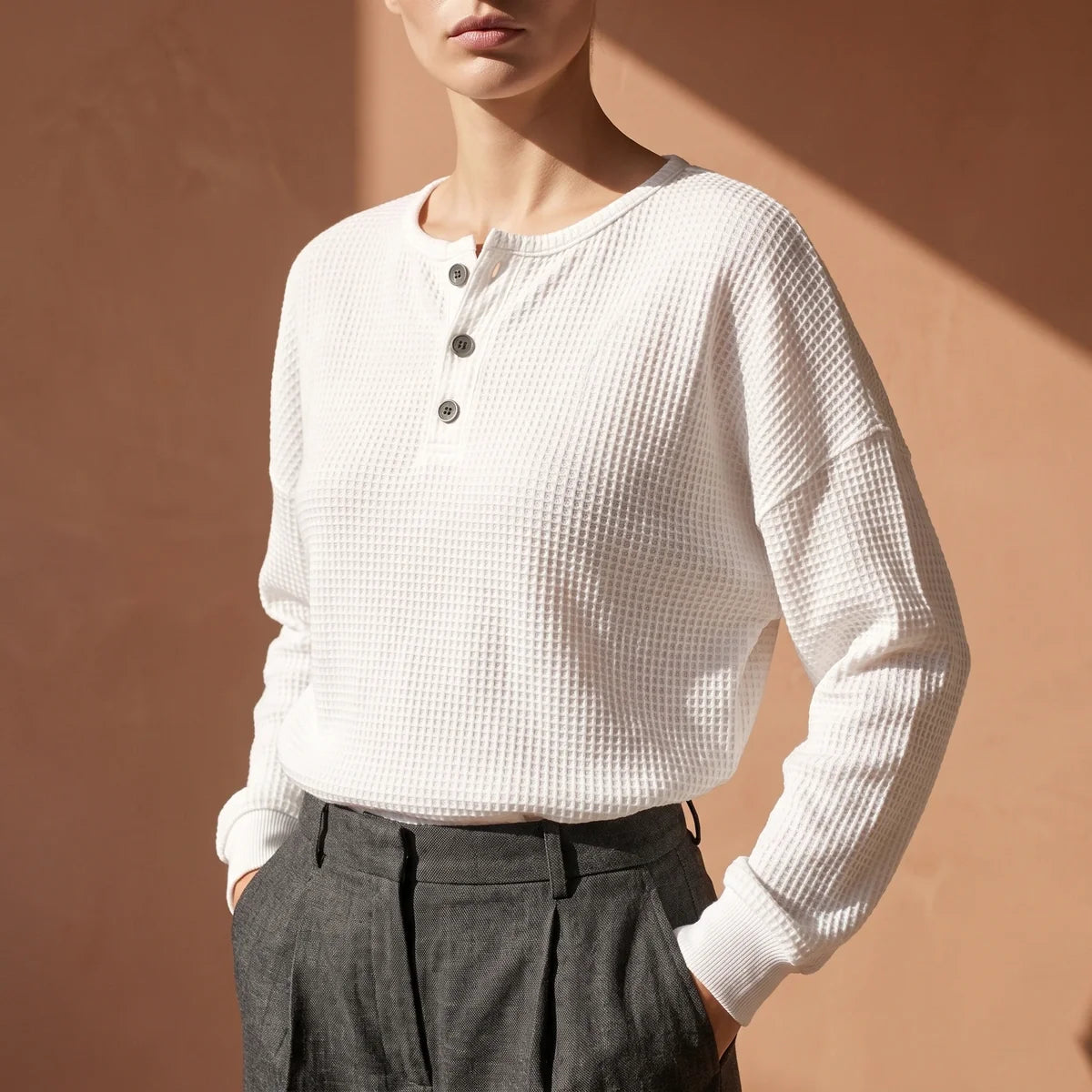 Cecily Oversized Waffle Knit Henley Top