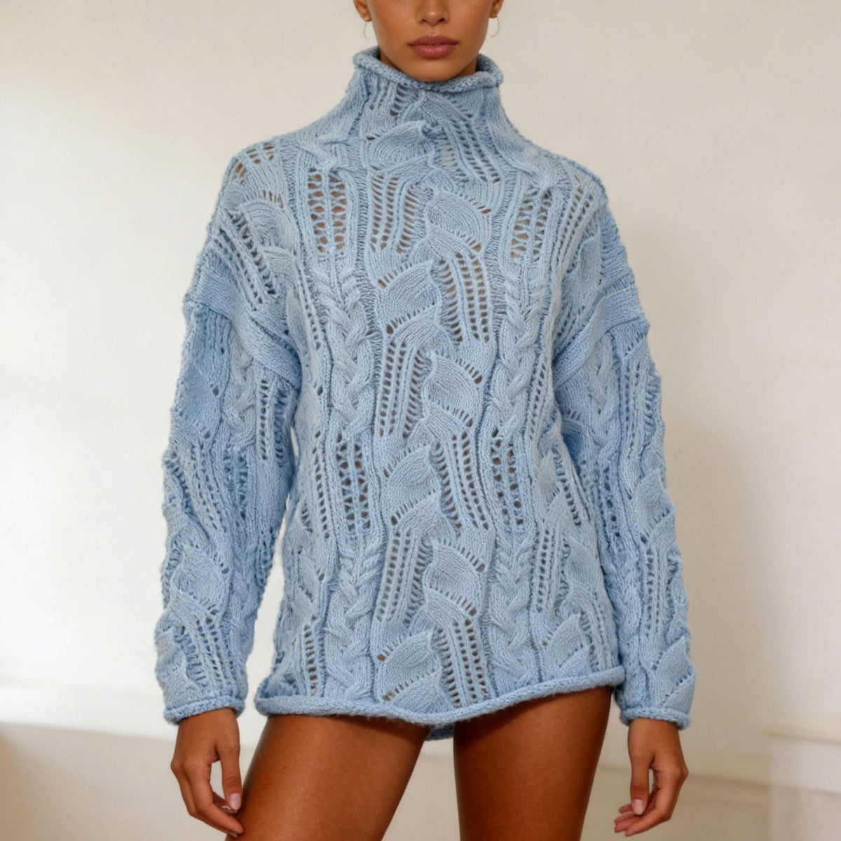 Celestine - Women's Leaf Cable Knit Turtleneck Oversized Sweater