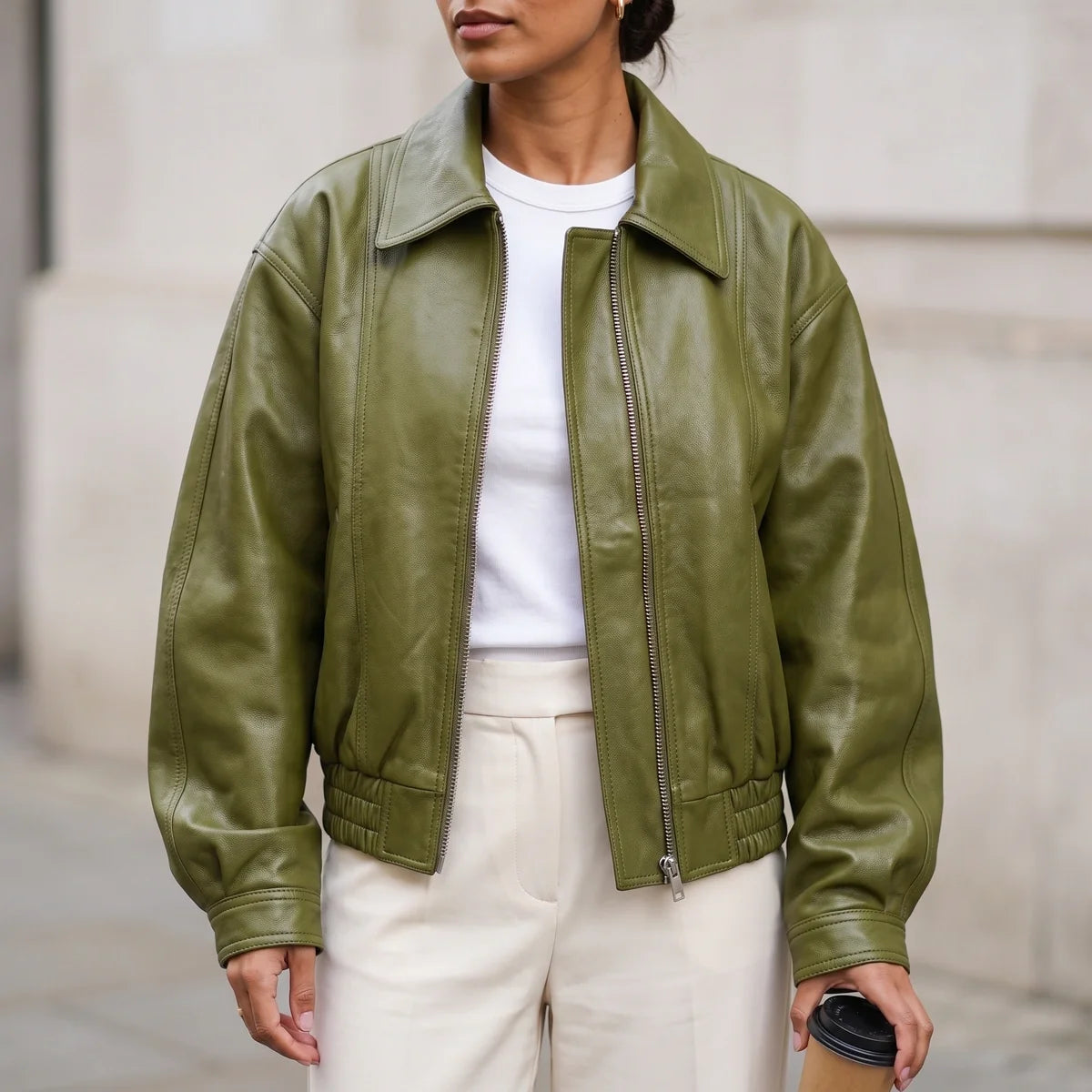Cerys Cropped Leather Bomber Jacket