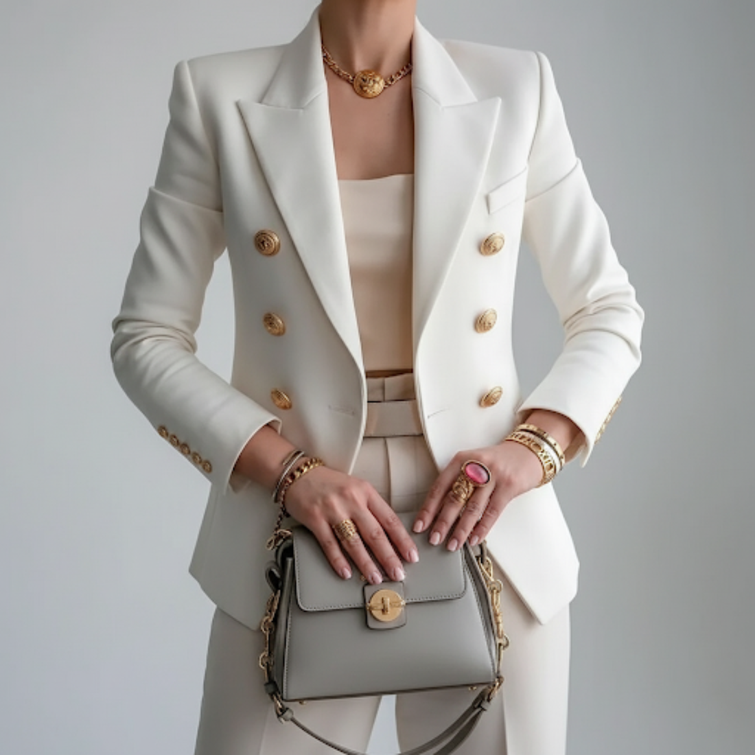 Meghan | Womens Double-Breasted Blazer with Gold Buttons | Notch Lapel, Fitted Silhouette | White and Blue XS-2XL
