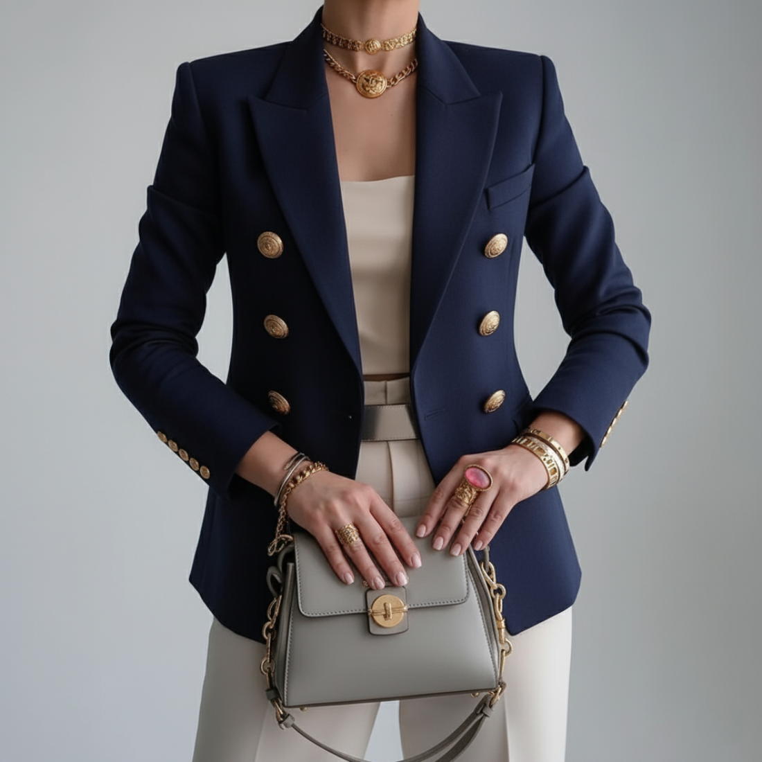Meghan | Womens Double-Breasted Blazer with Gold Buttons | Notch Lapel, Fitted Silhouette | White and Blue XS-2XL