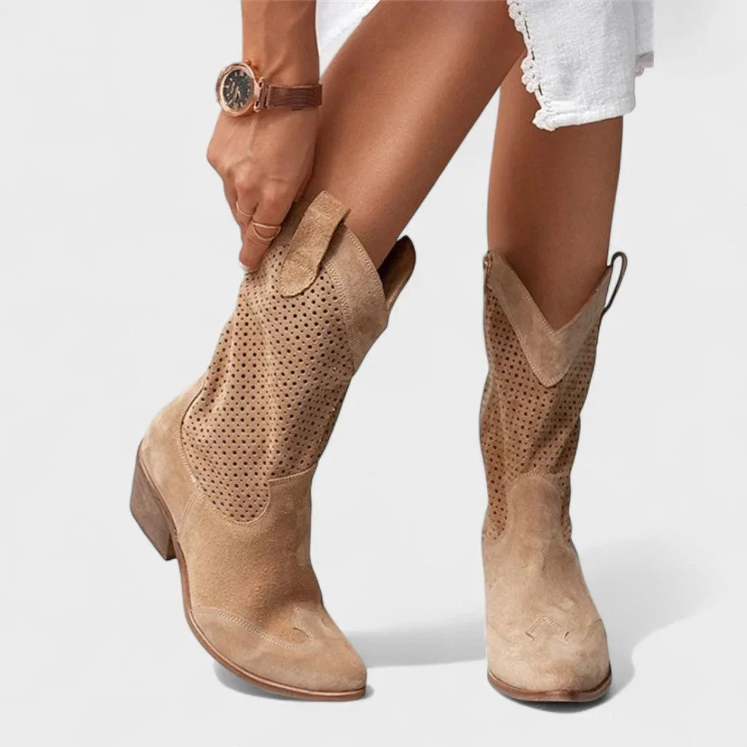 Women's suede side zip western boots with perforated upper