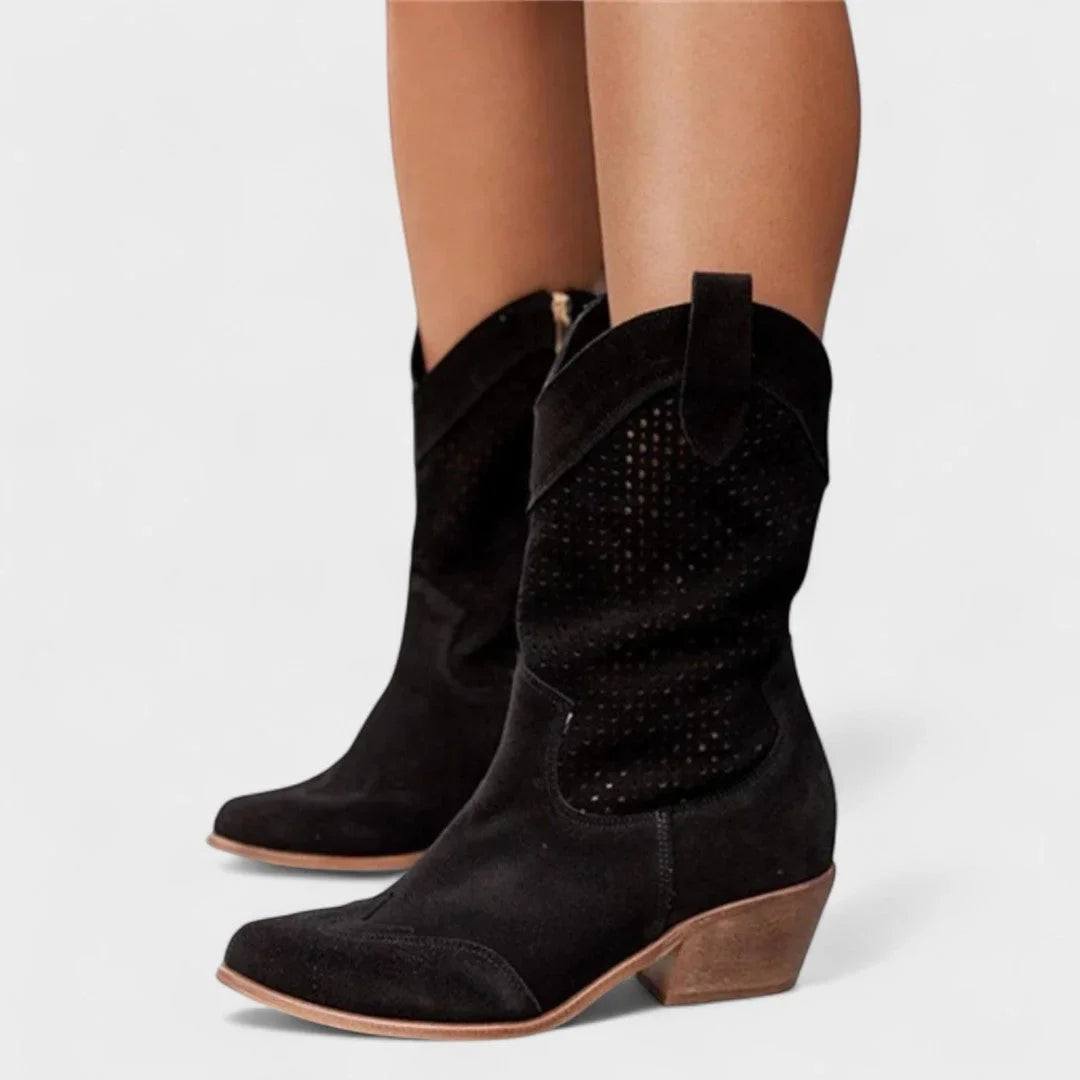 Women's suede side zip western boots with perforated upper