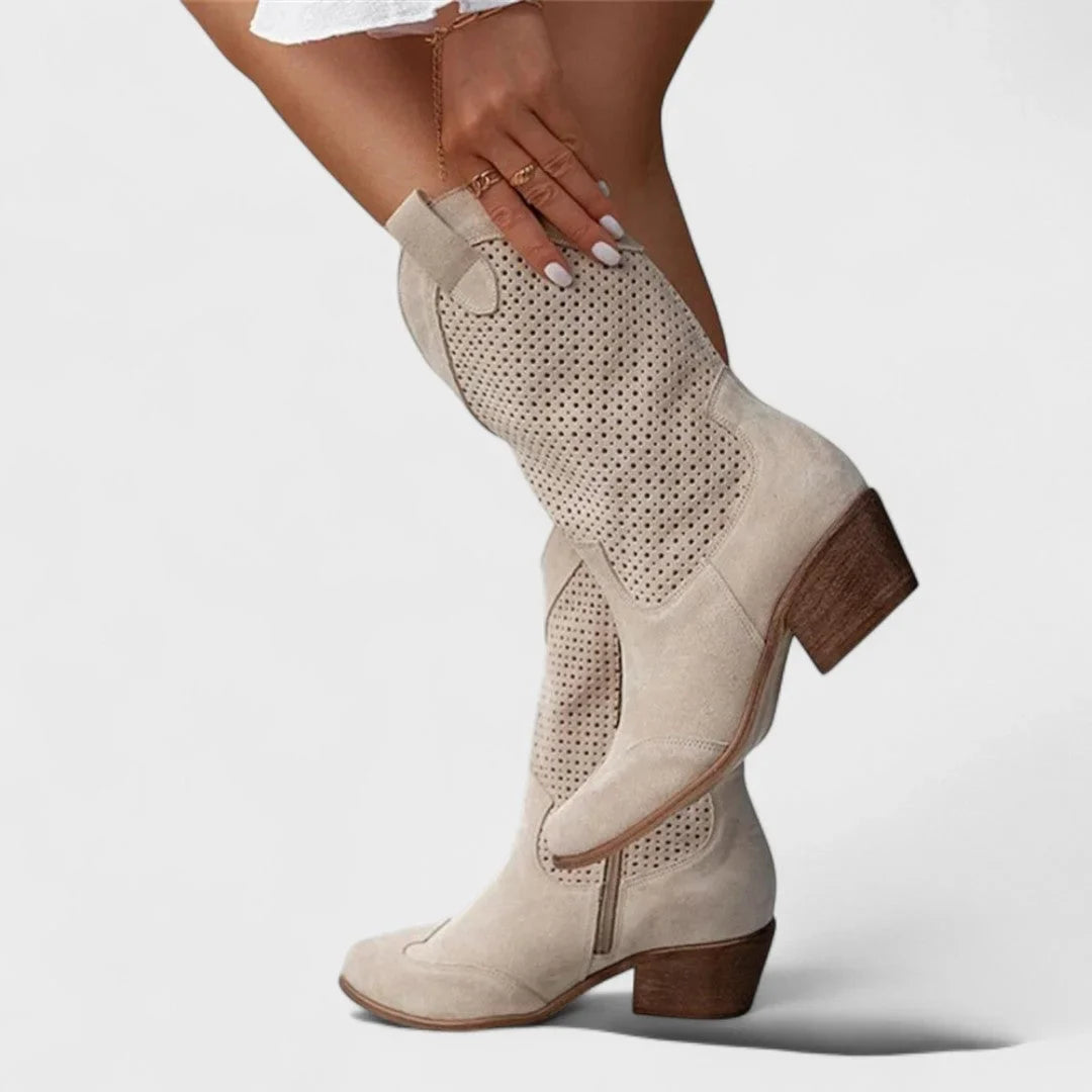 Women's suede side zip western boots with perforated upper