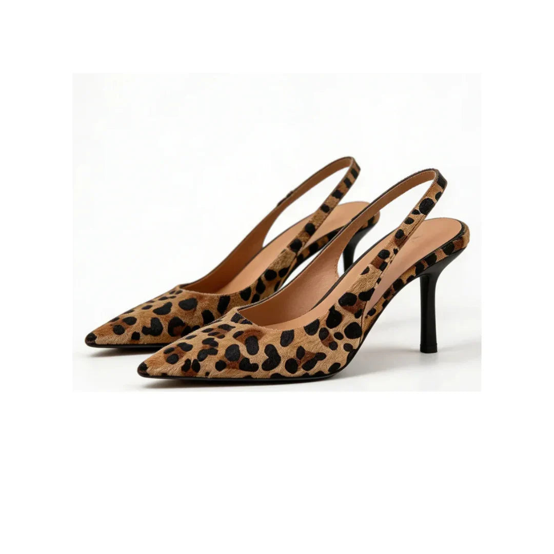 Christine | Women's Pointed Toe Leopard Print Stiletto Slingback Heels with Ankle Strap