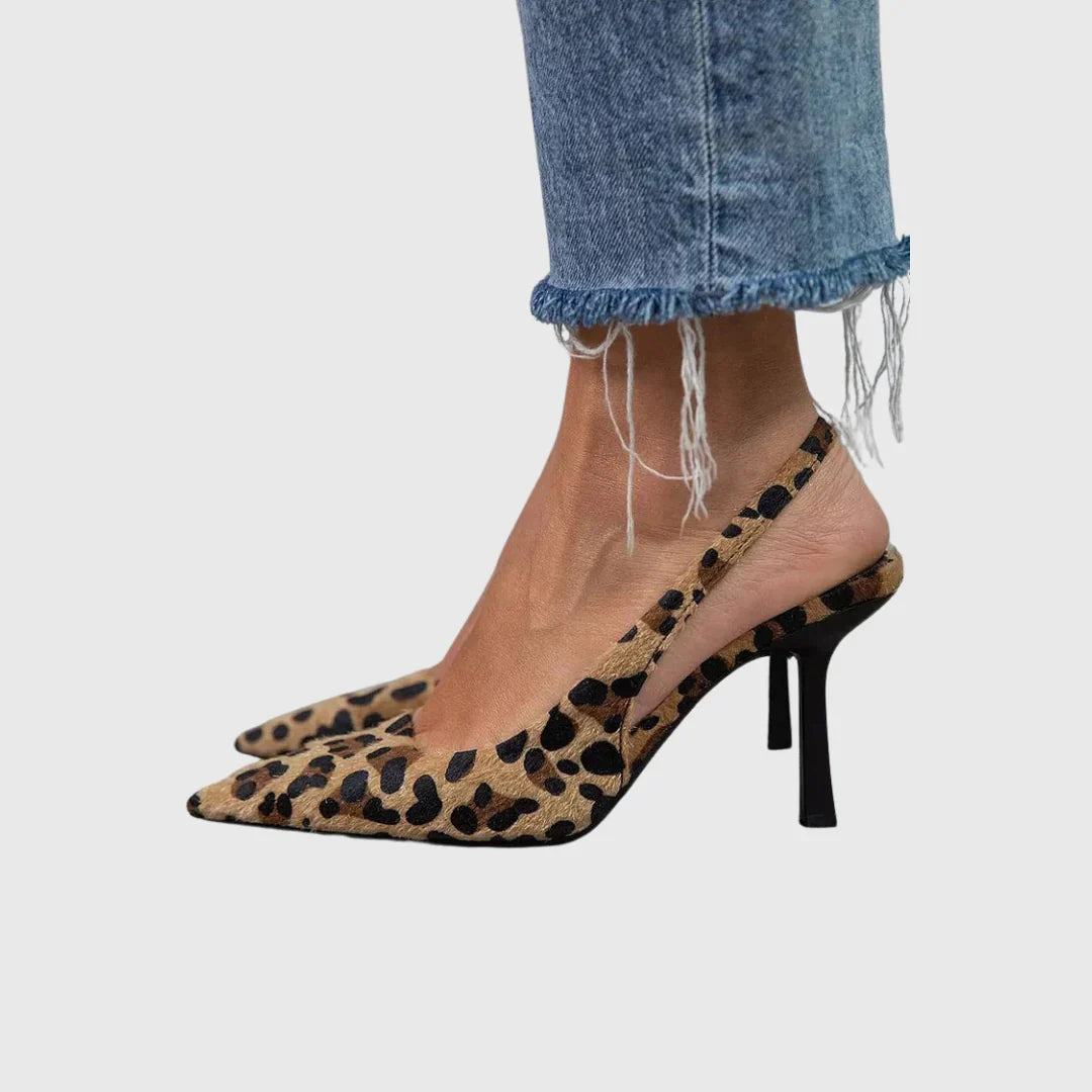 Christine | Women's Pointed Toe Leopard Print Stiletto Slingback Heels with Ankle Strap