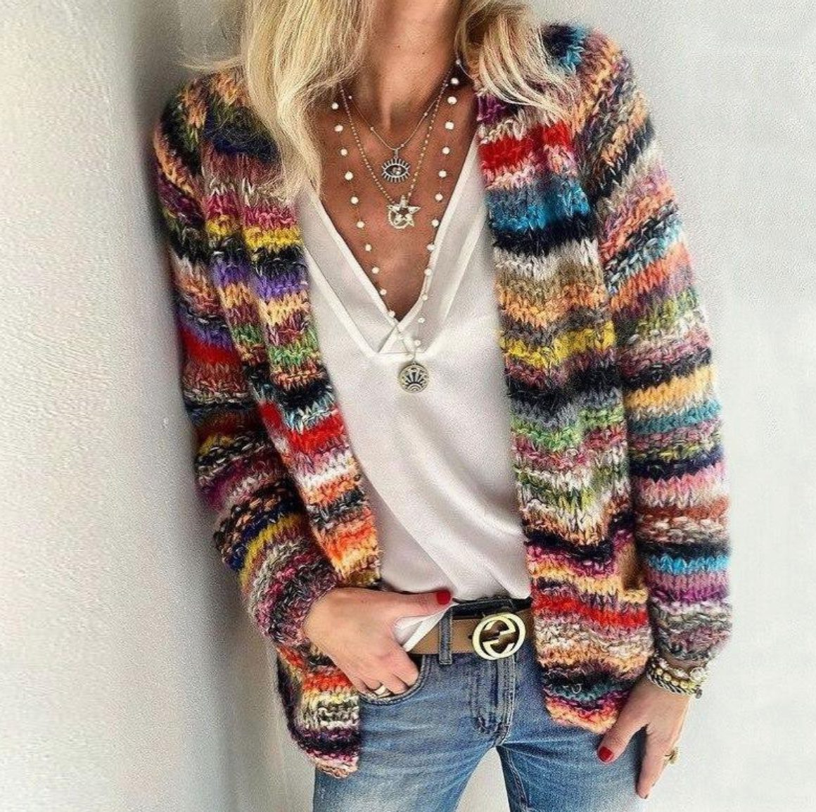 Cira | Striped Chunky Knit Cardigan with Open Front for Women
