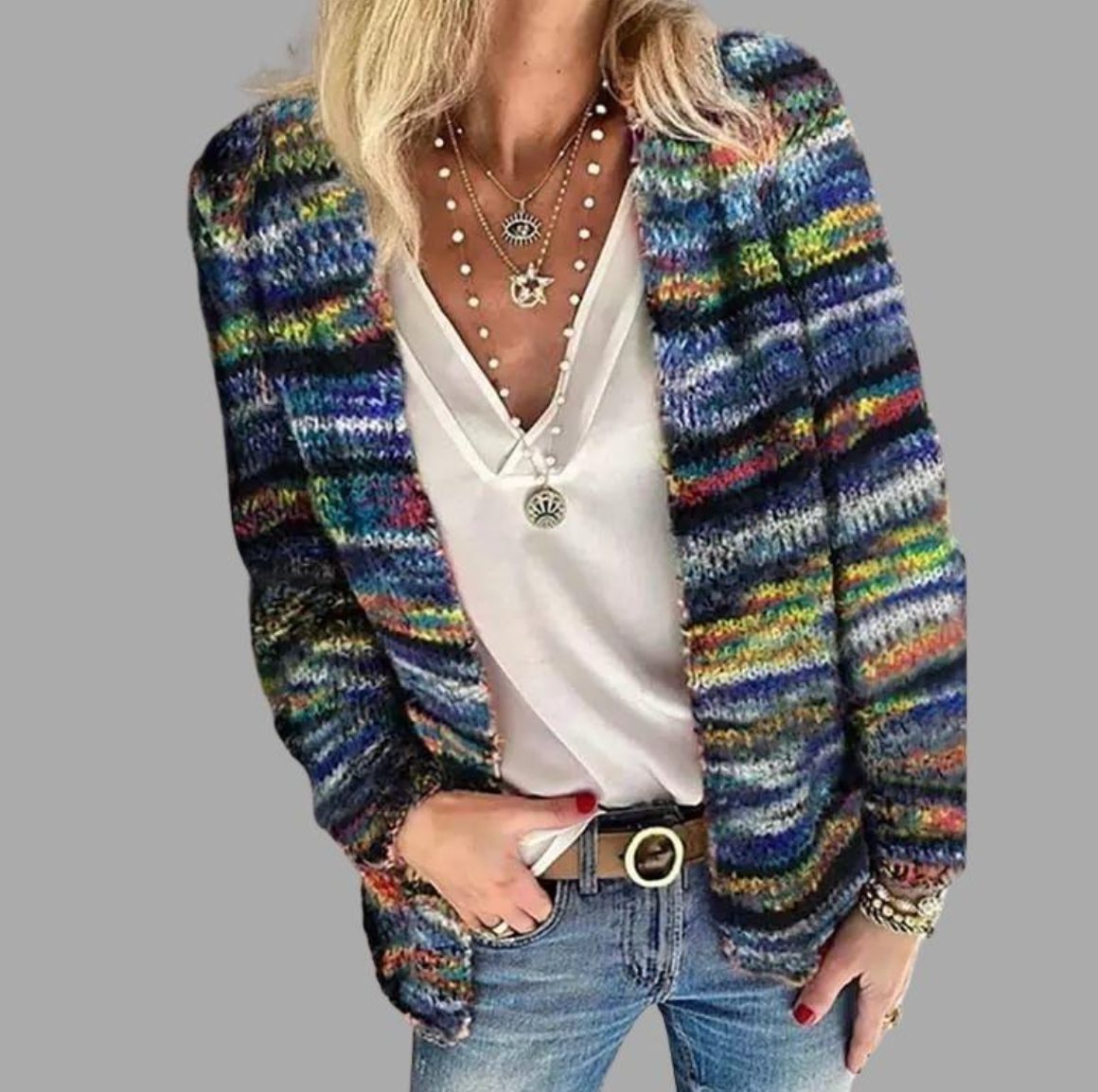 Cira | Striped Chunky Knit Cardigan with Open Front for Women