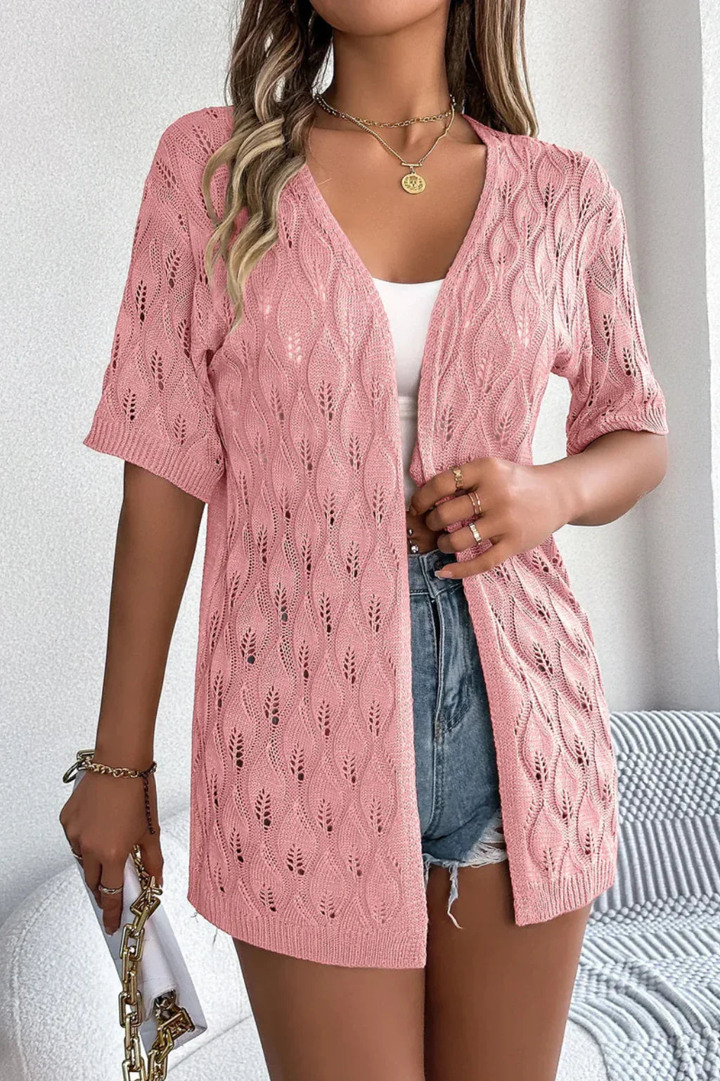Claire | Women's Ribbed Crochet Knit Short Sleeve Cardigan Sweater