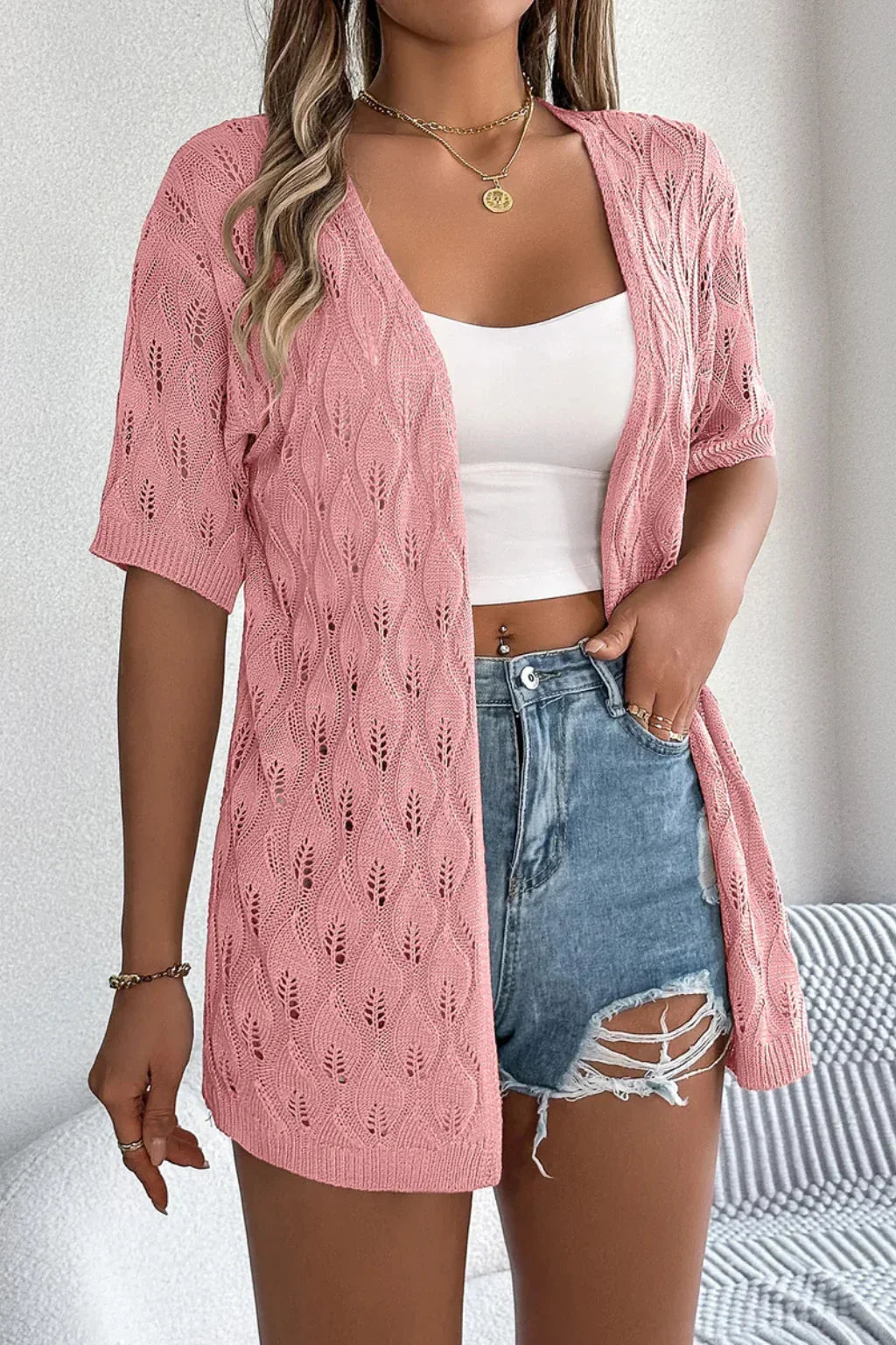 Claire | Women's Ribbed Crochet Knit Short Sleeve Cardigan Sweater